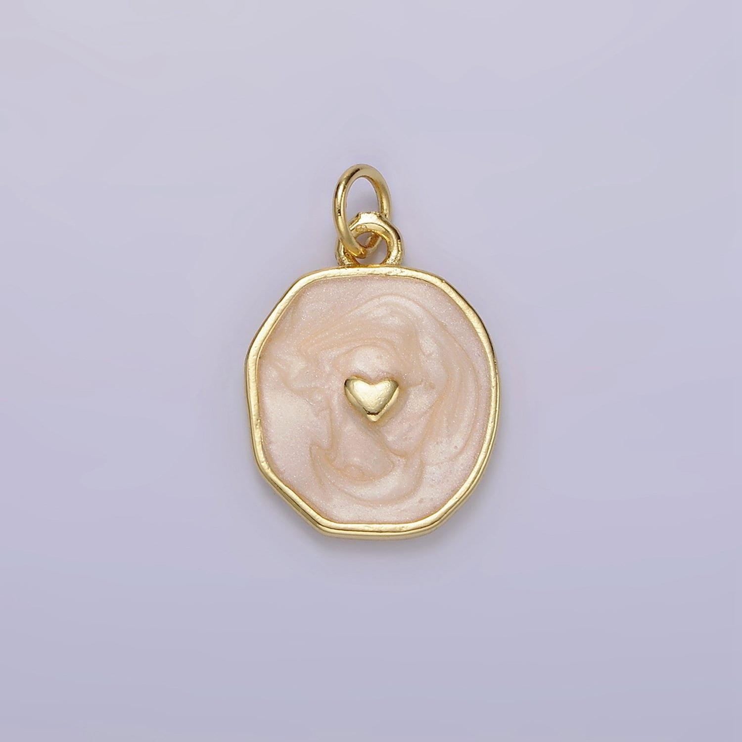 Sparkle gold white enamel heart charms, teal heart charm in round disc charm medallion for necklace, paint my heart diy craft n1146