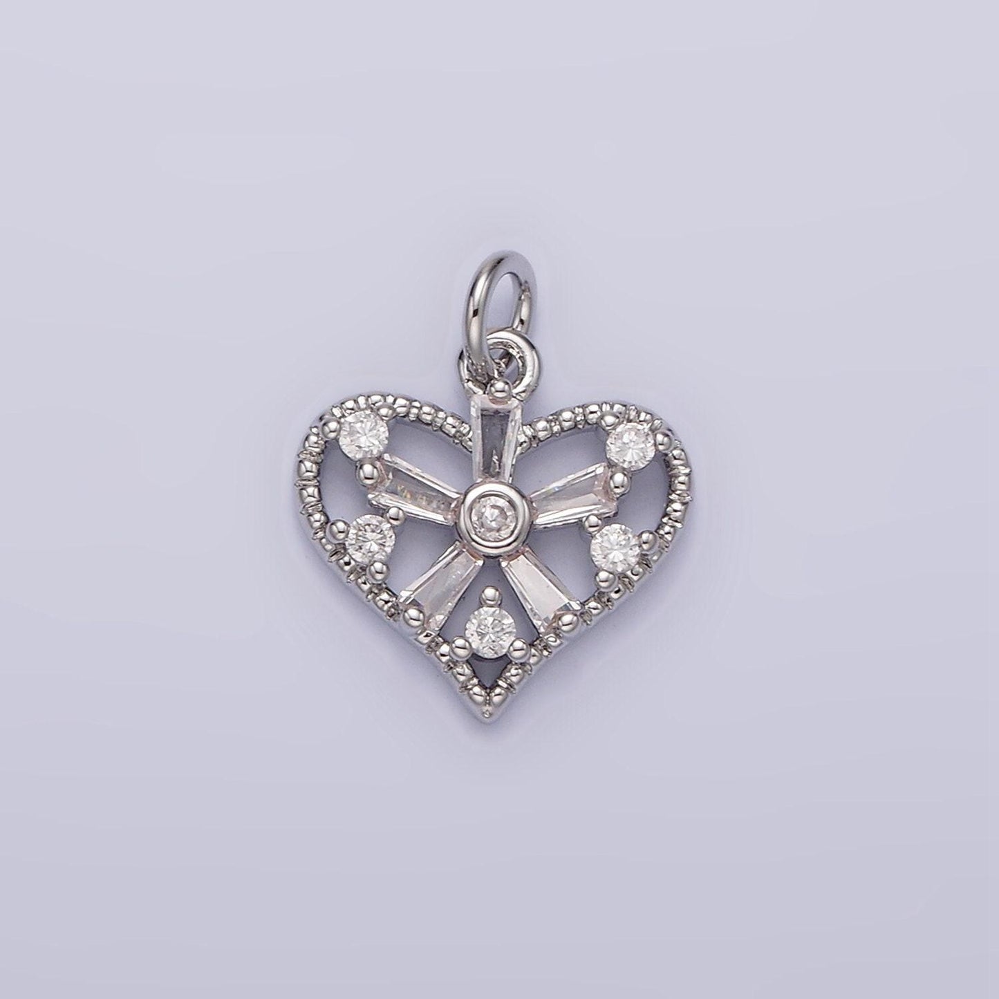 White gold filled clear, fuchsia, green, baguette flower cz open heart charm | n1142 - n1144