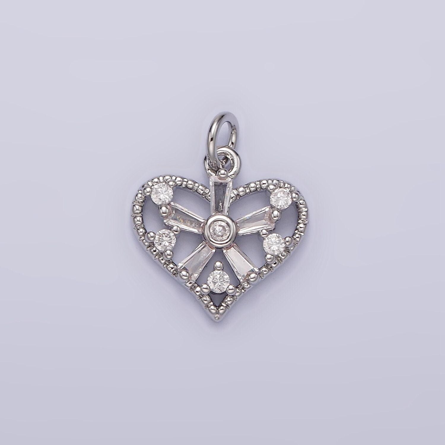 White gold filled clear, fuchsia, green, baguette flower cz open heart charm | n1142 - n1144