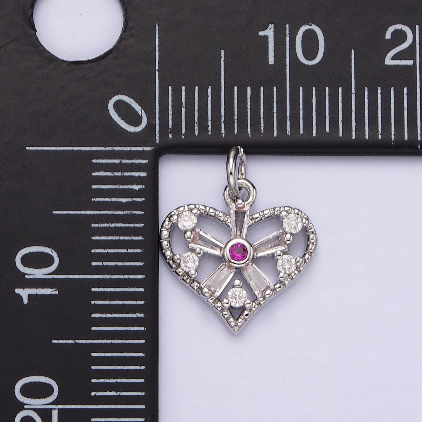 White gold filled clear, fuchsia, green, baguette flower cz open heart charm | n1142 - n1144