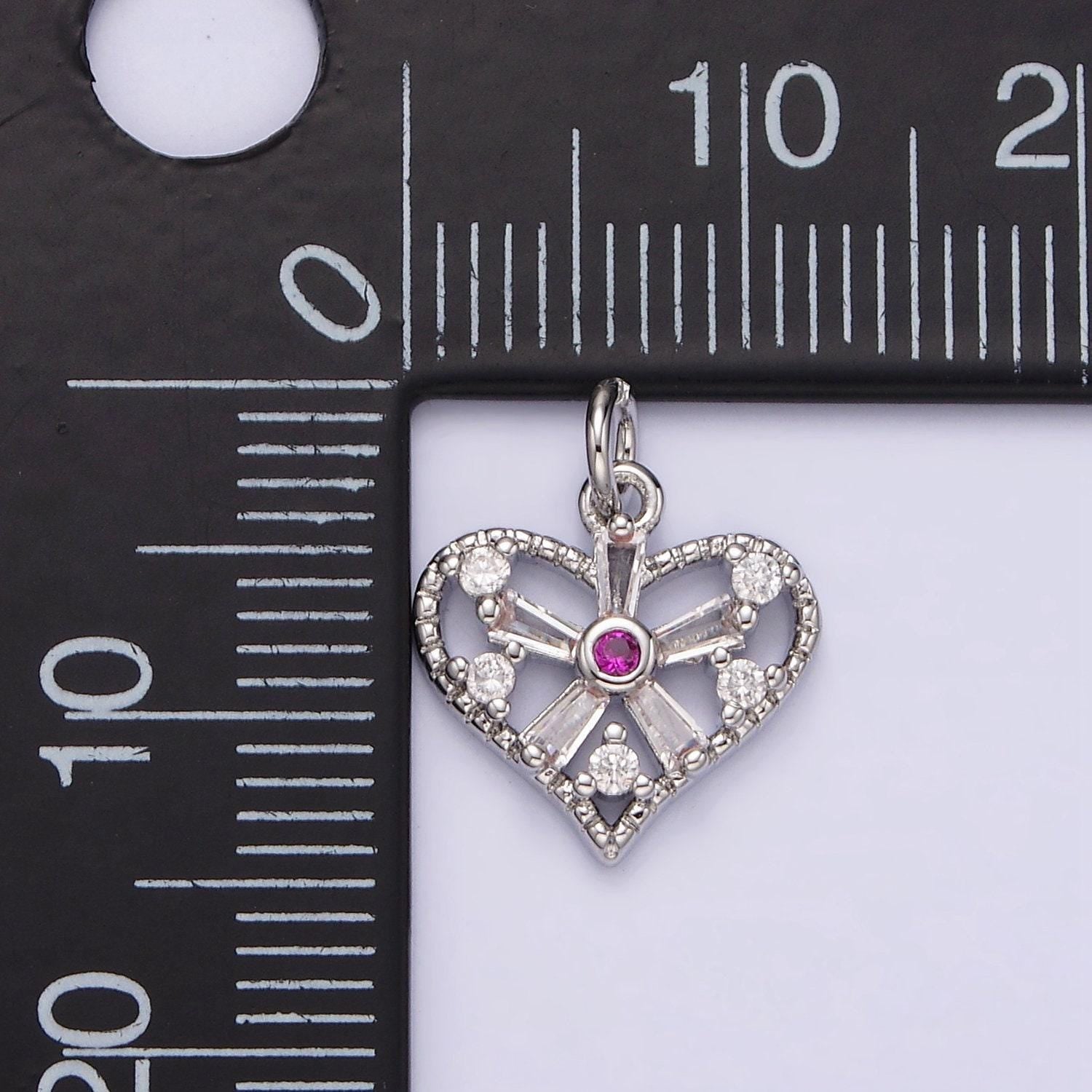 White gold filled clear, fuchsia, green, baguette flower cz open heart charm | n1142 - n1144