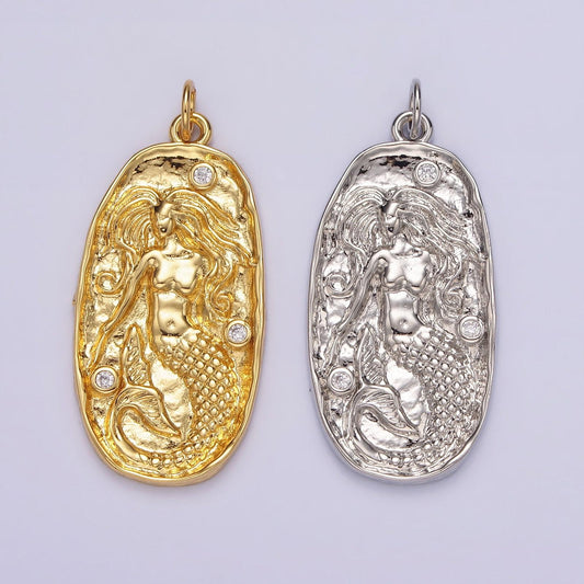 14k gold filled clear cz mermaid hammered oval charm in gold & silver | n1106 n1107