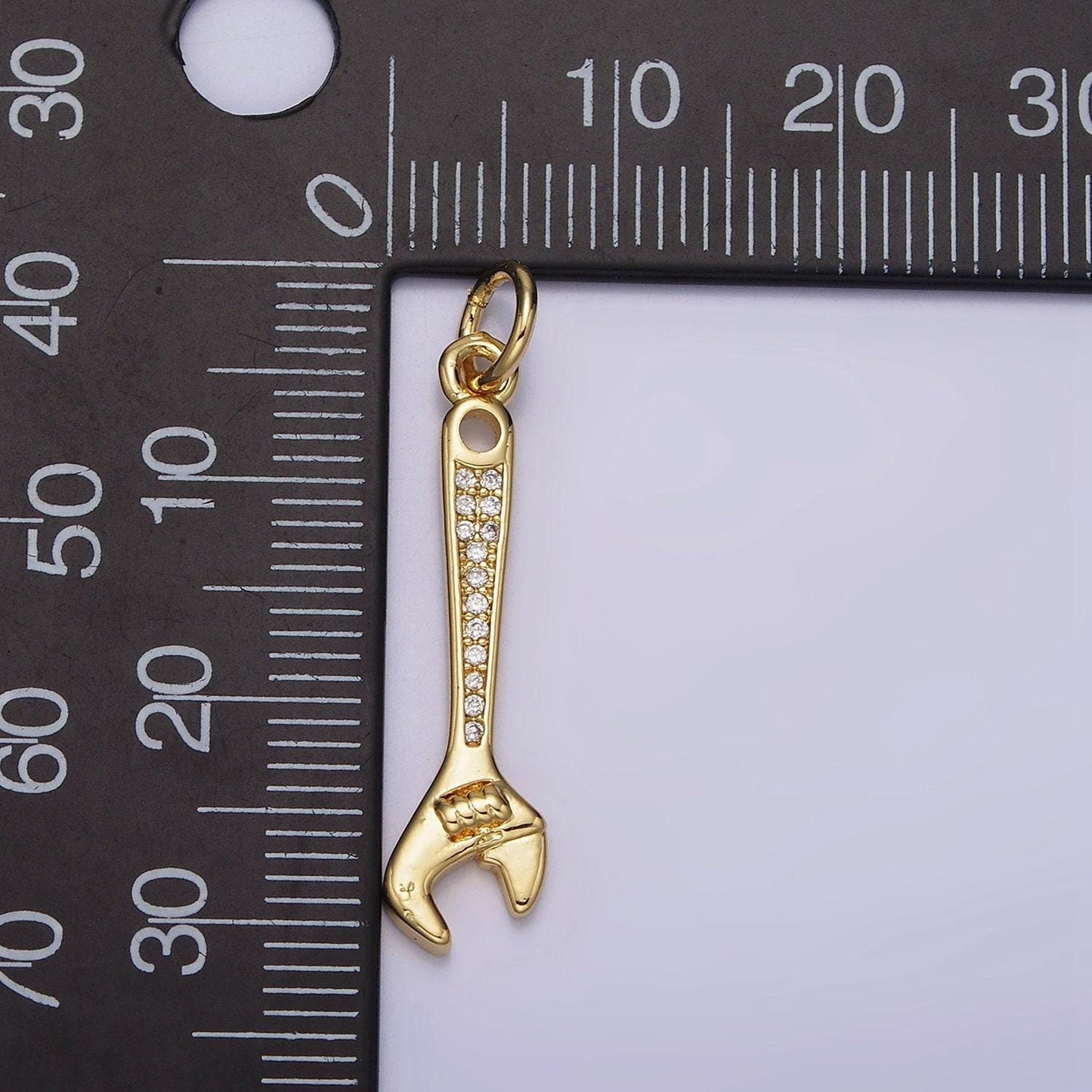 Gold pendant clear micro paved cz torque wrench construction tool charm | n1100