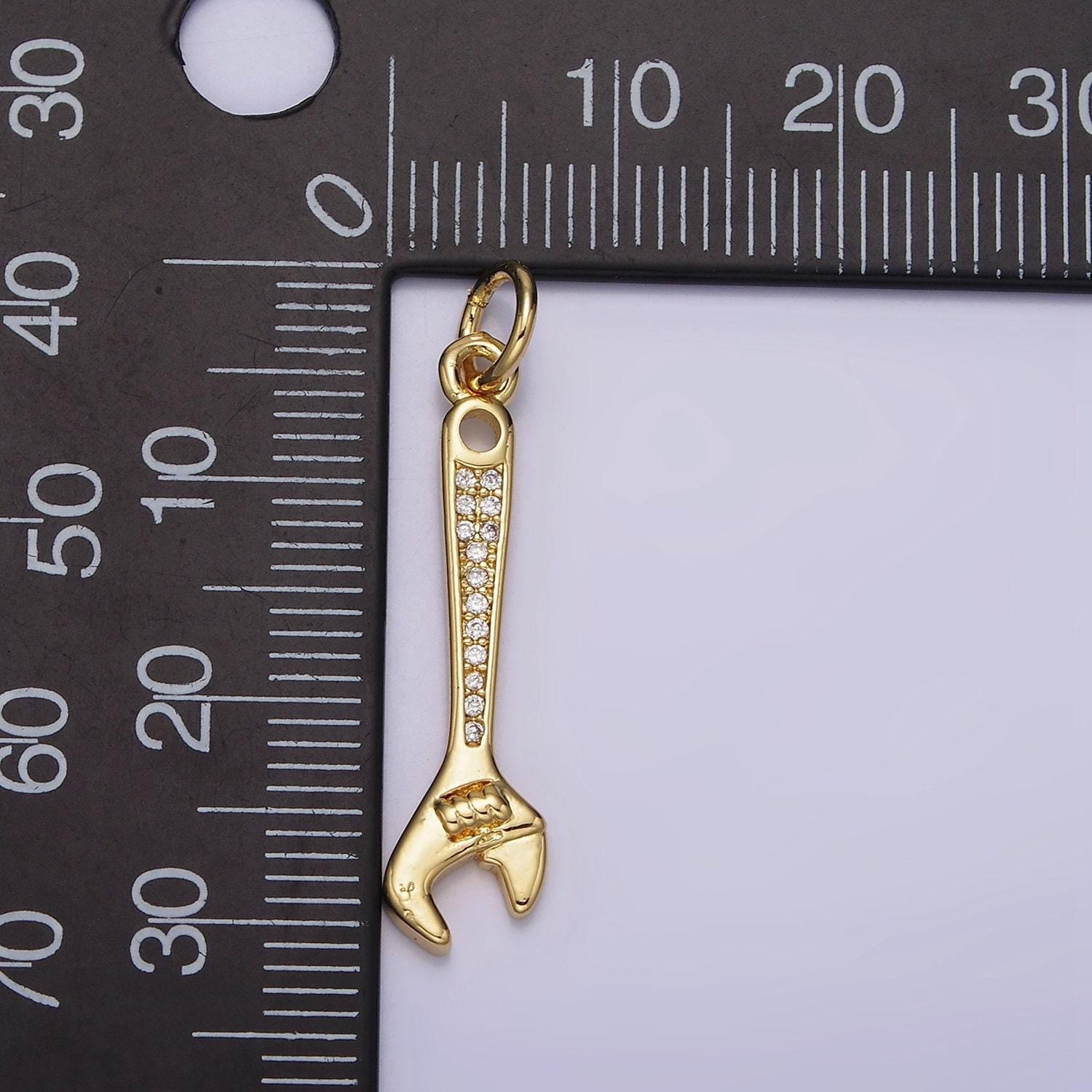 Gold pendant clear micro paved cz torque wrench construction tool charm | n1100