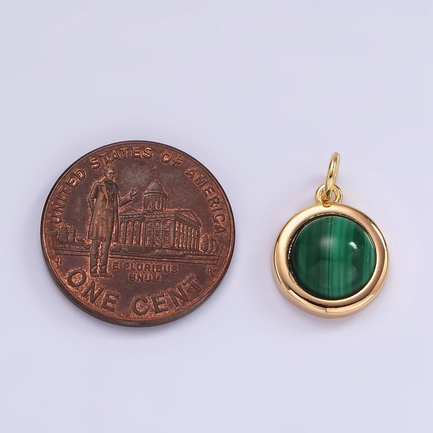 14k gold filled green malachite bezel round charm | n1092