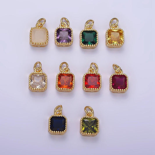 16k gold filled 7.5mm multifaceted birthstone cz square personalized charm | n1047 - n1055