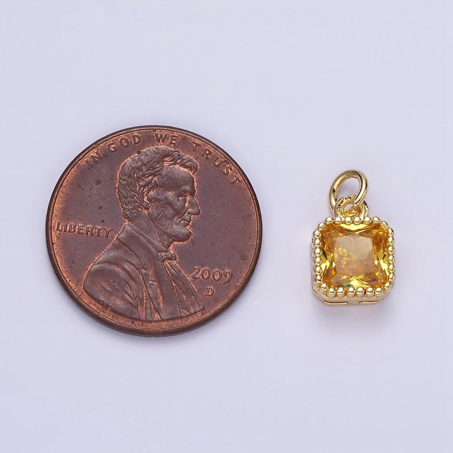16k gold filled 7.5mm multifaceted birthstone cz square personalized charm | n1047 - n1055