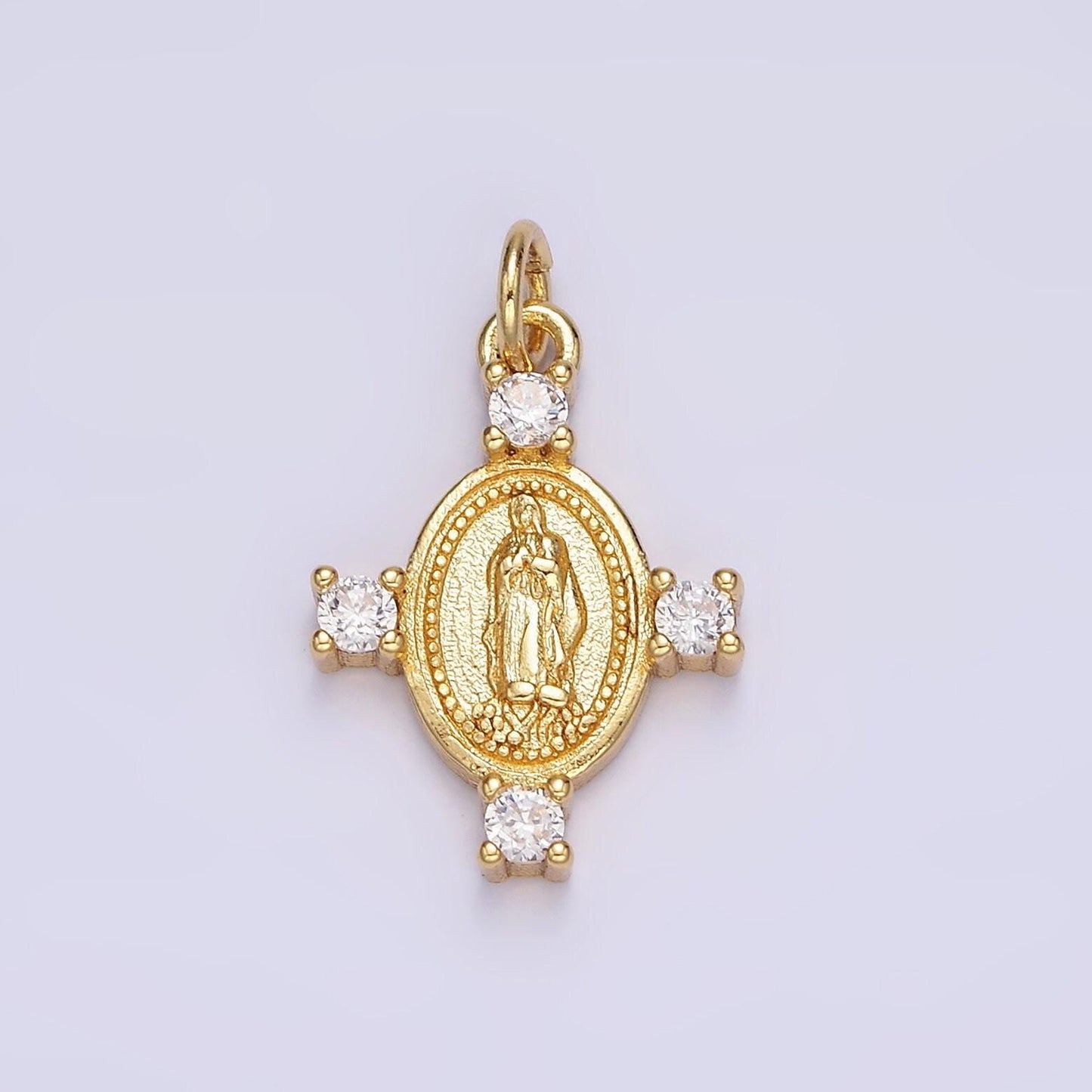 14k gold filled 22.5mm mother mary lady guadalupe clear cz dotted oval charm | n1036