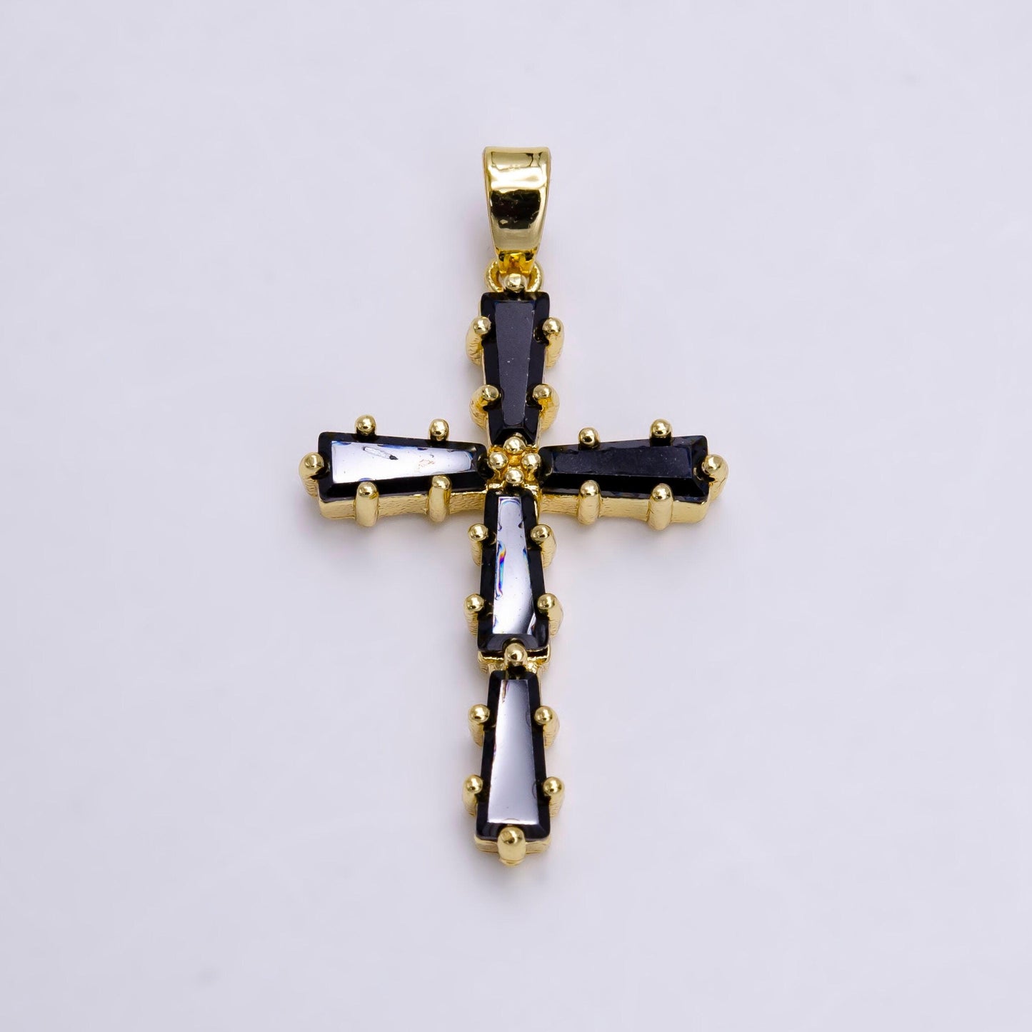 14k gold filled clear, green, pink, black baguette lined latin cross pendant | n1468 - n1471