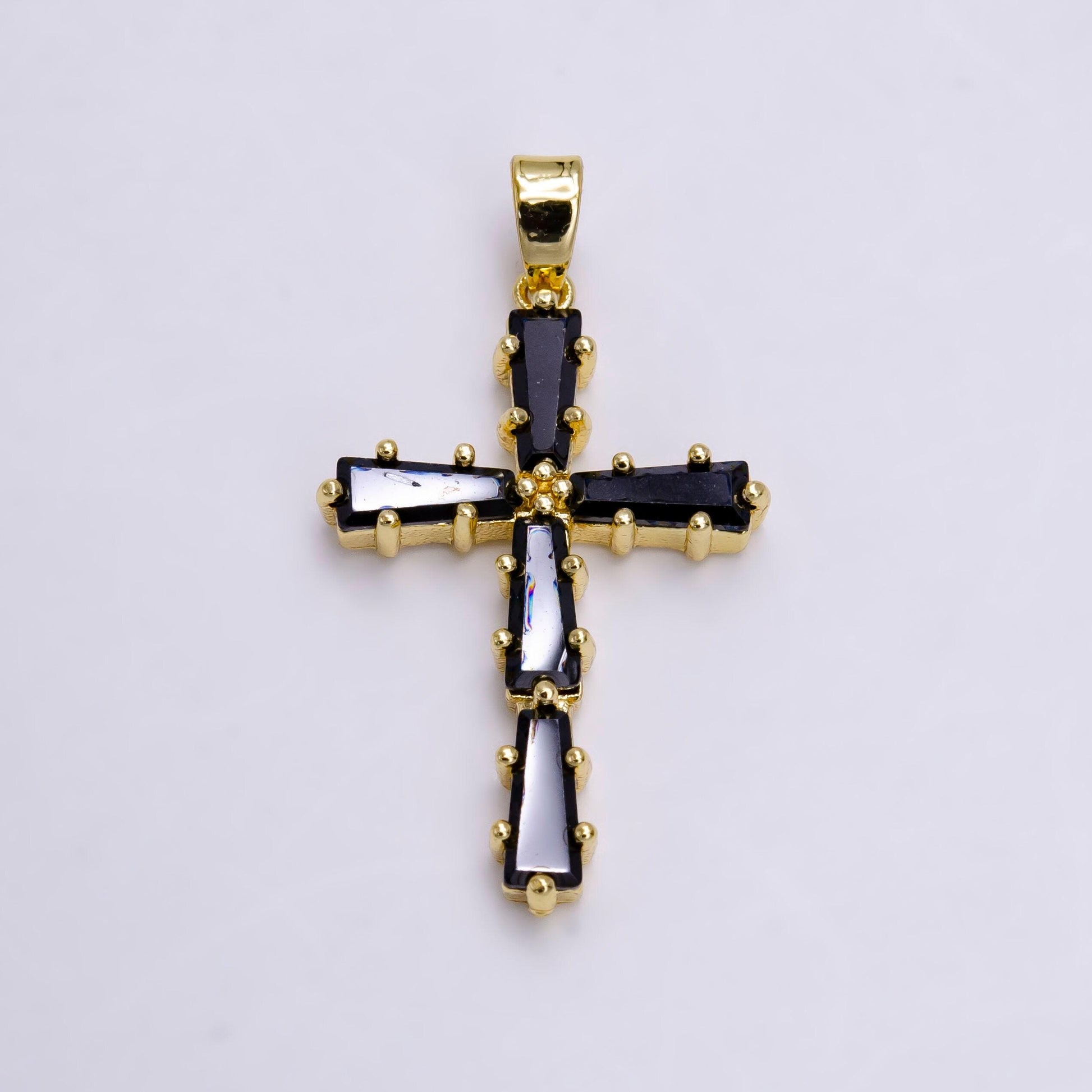 14k gold filled clear, green, pink, black baguette lined latin cross pendant | n1468 - n1471