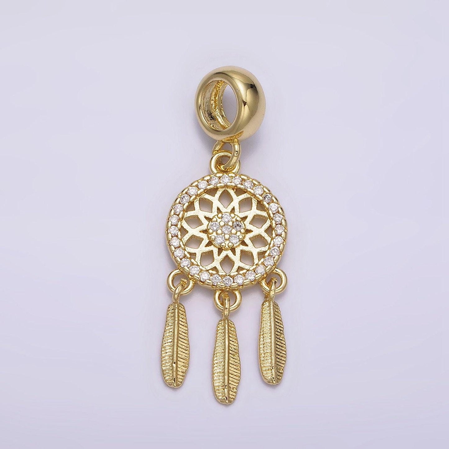 14k gold filled dreamcatcher triple feather clear micro paved cz charm | n1019