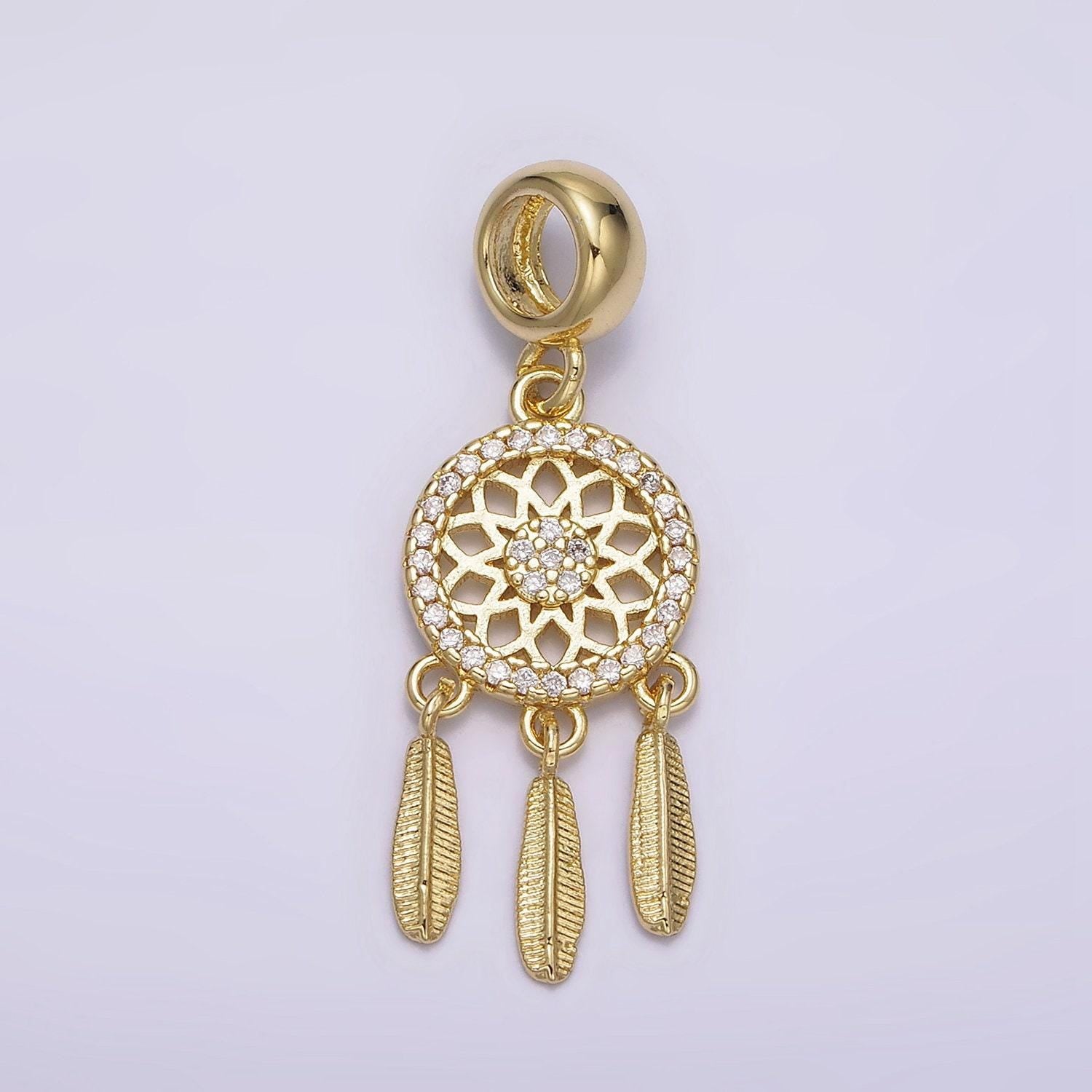 14k gold filled dreamcatcher triple feather clear micro paved cz charm | n1019