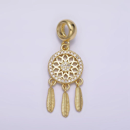 14k gold filled dreamcatcher triple feather clear micro paved cz charm | n1019
