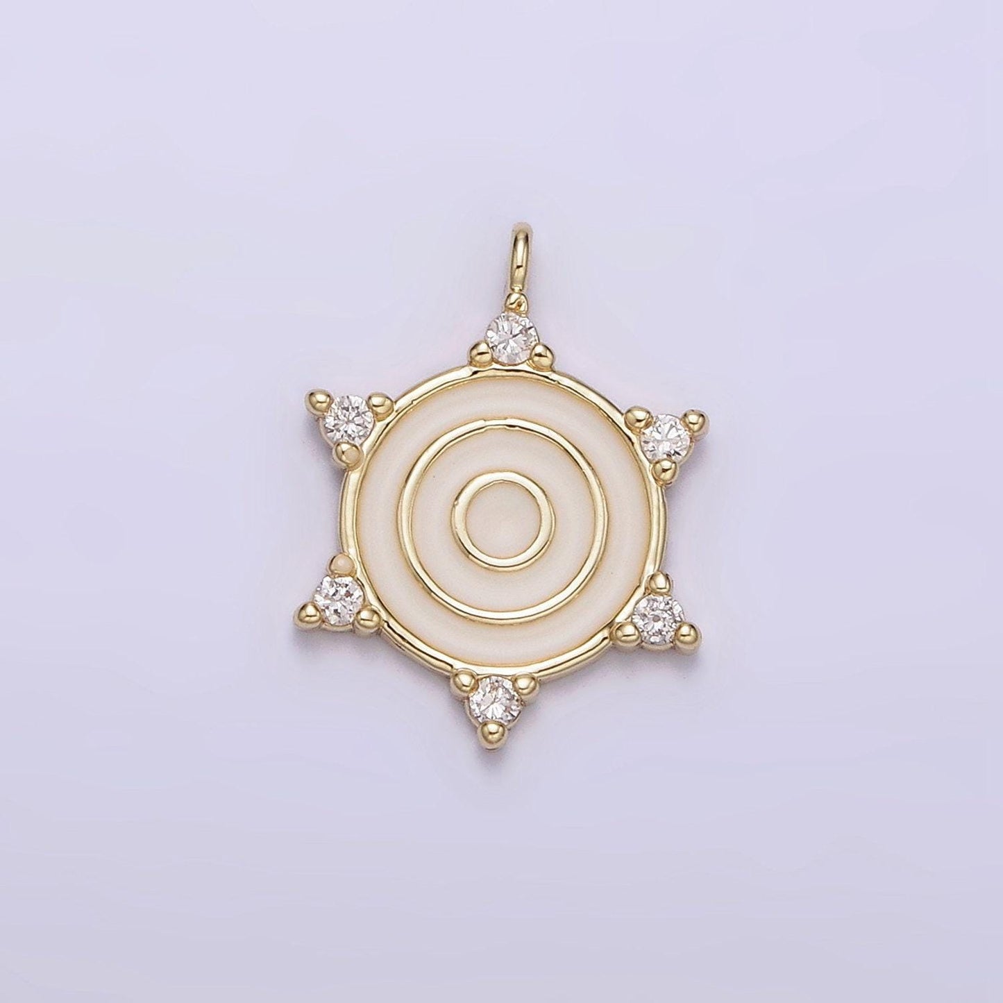 14k gold filled round white enamel clear cz dotted outline charm | n1016