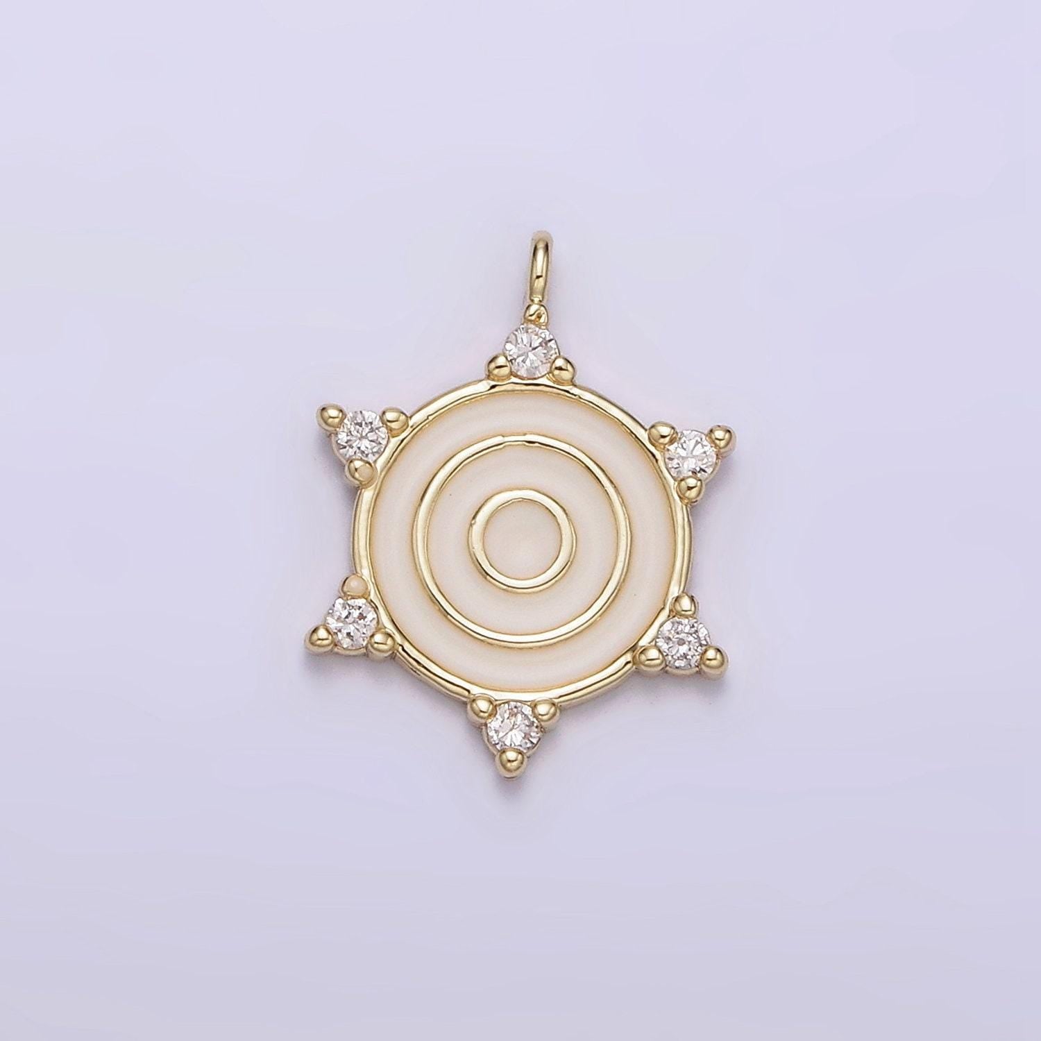 14k gold filled round white enamel clear cz dotted outline charm | n1016