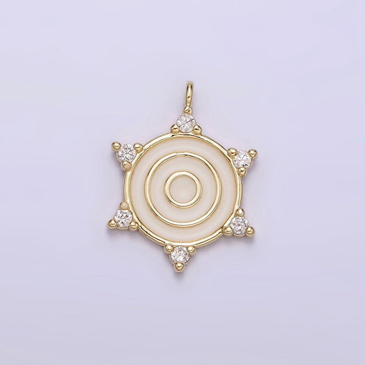 14k gold filled round white enamel clear cz dotted outline charm | n1016