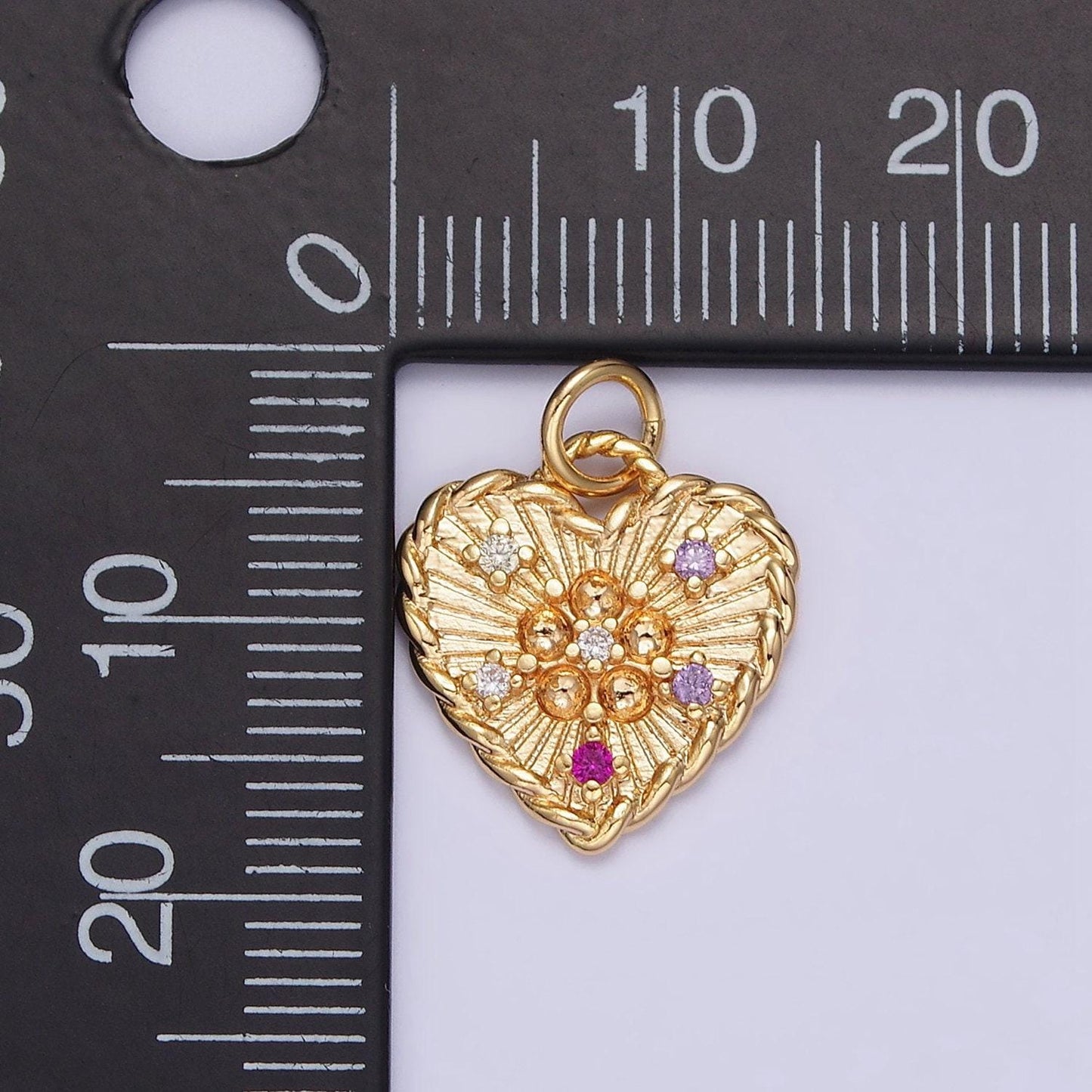 16k gold filled multicolor cz dotted sunburst twisted croissant heart charm | n1013