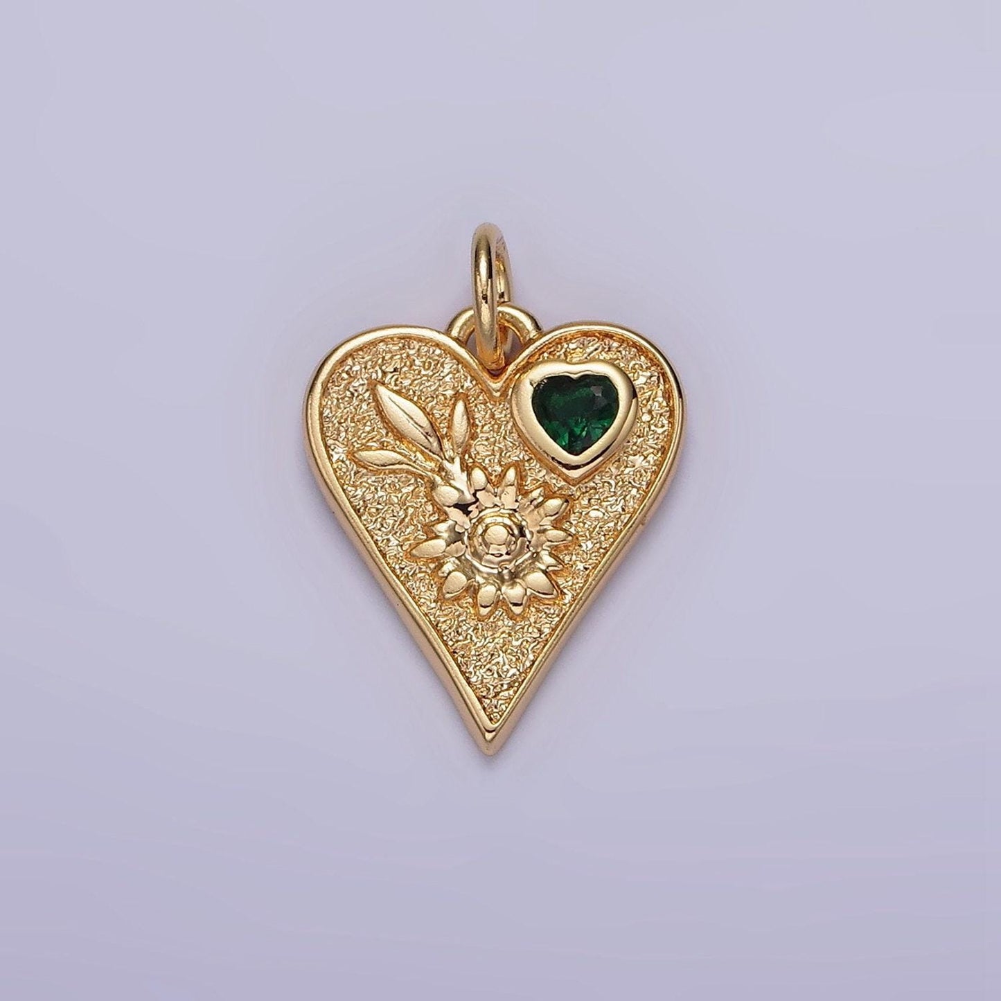 16k gold filled sunflower plant green cz hammered heart charm | n1011