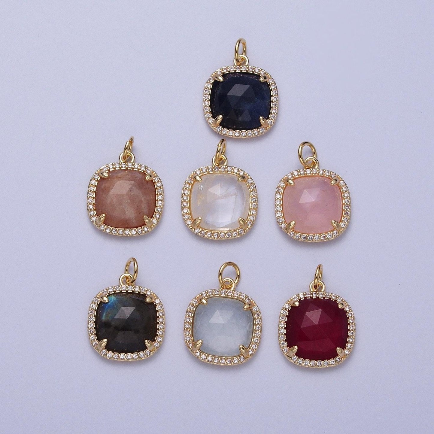 Multifaceted natural stone cz micro pave square gold charm for dangle charm necklace pendant c016