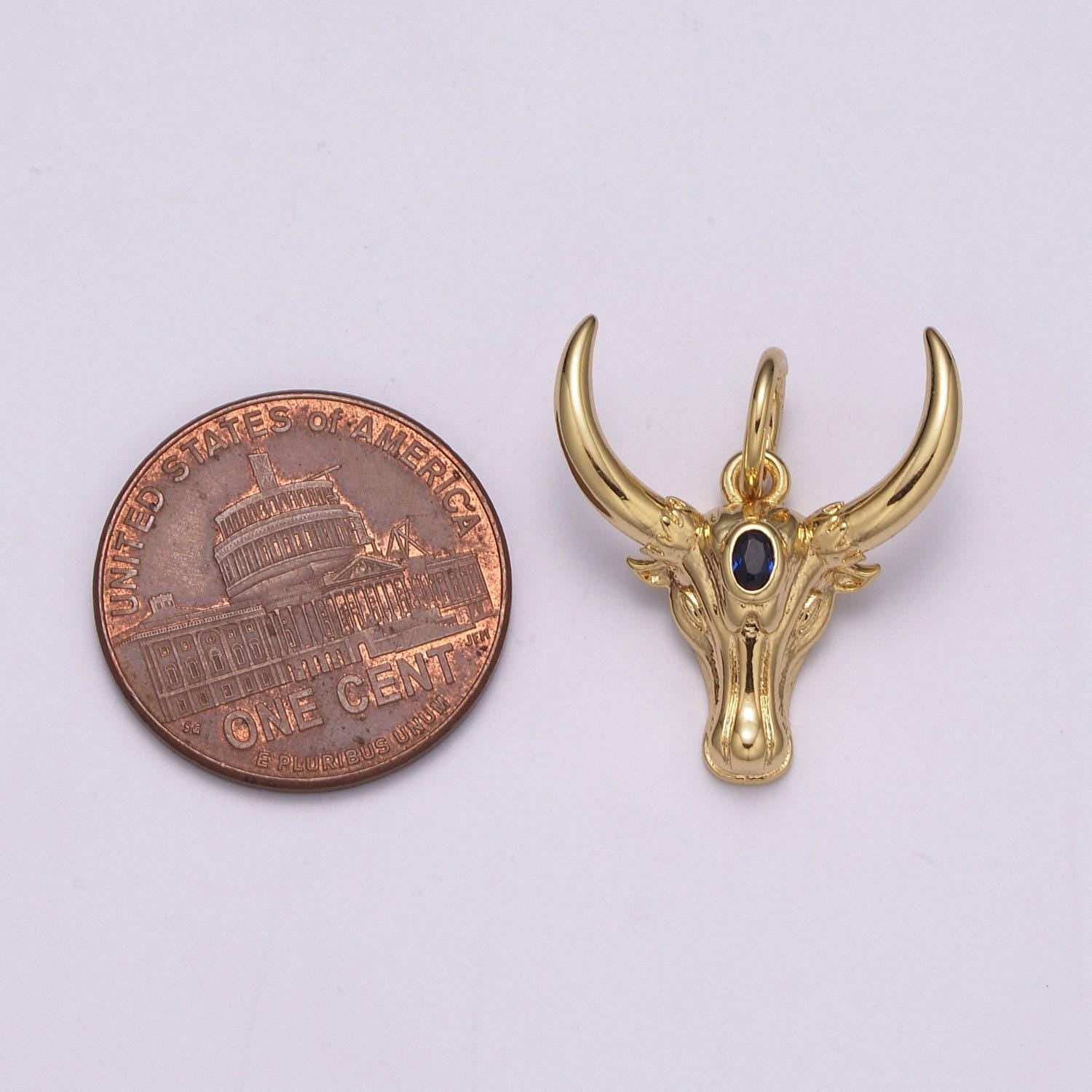Ram gold pendant, sheep horn charm, blue solitaire cz bighorn sheep animal pendant, diy jewelry, m-870, m-871