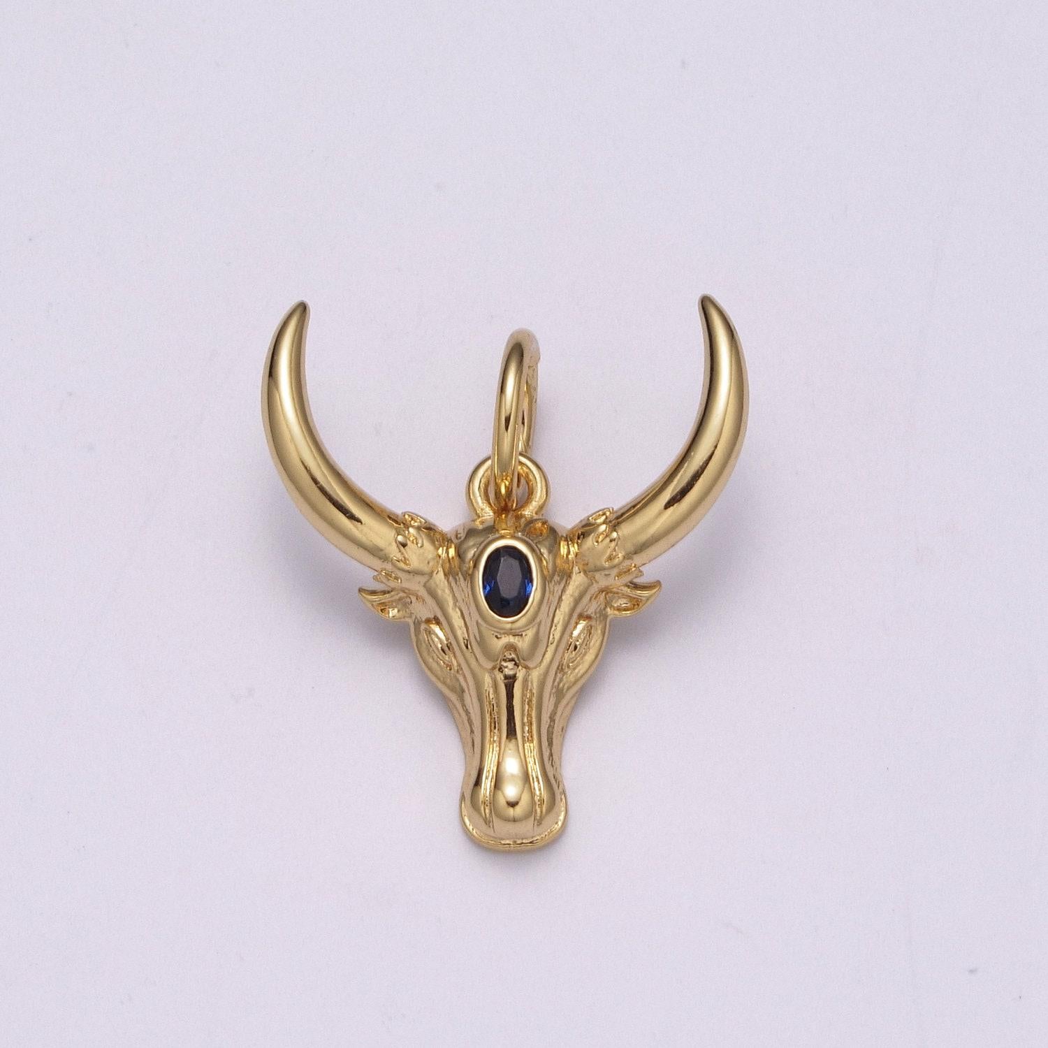 Ram gold pendant, sheep horn charm, blue solitaire cz bighorn sheep animal pendant, diy jewelry, m-870, m-871