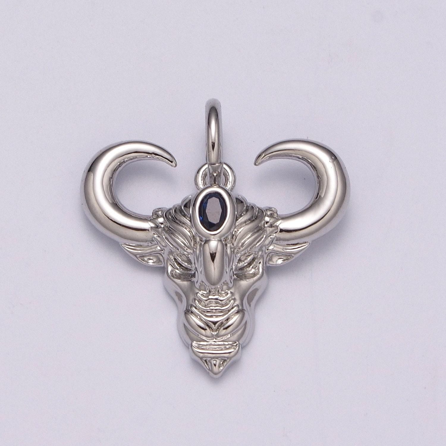 Bull gold pendant, ankole watusi horn charm, blue solitaire cz cow horn animal pendant, diy jewelry, m-868, m-869
