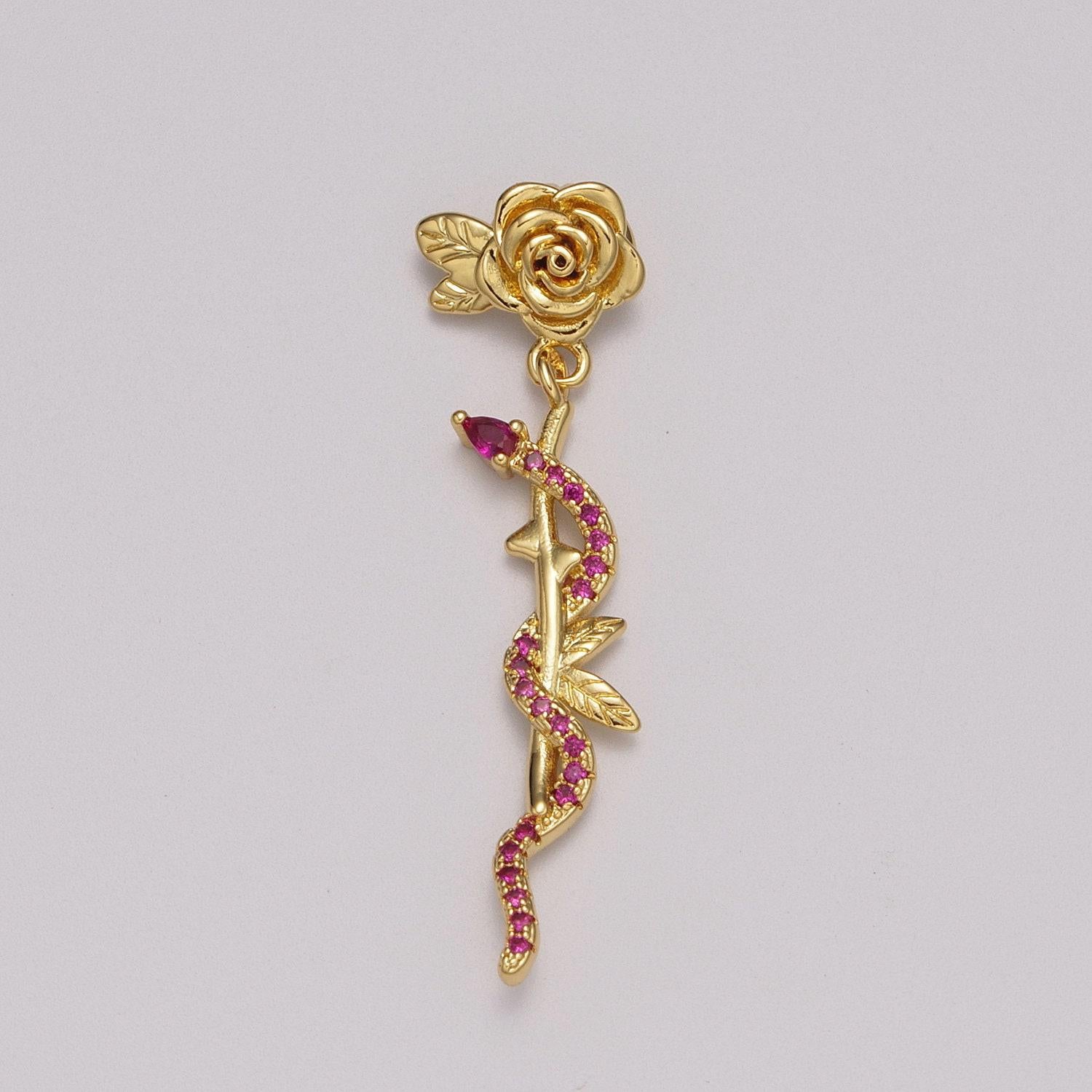 Pink cz gold snake charm, micro pave snake pendant charm for serpent animal jewelry dangle charm -498