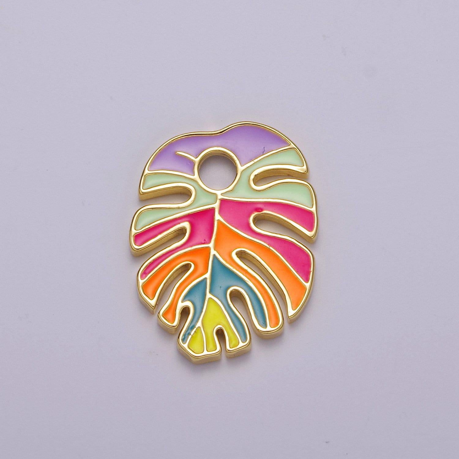 Colorful enamel tropical monstera leaf plant charm necklace bracelet earring pendant gold filled leaf nature charm large leaf charm