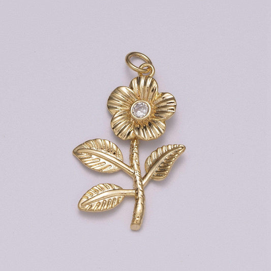 Mini daisy charm gold micro pave flower charm, clear cubic charms, cz leaf floral charm dainty small 3d charm m781