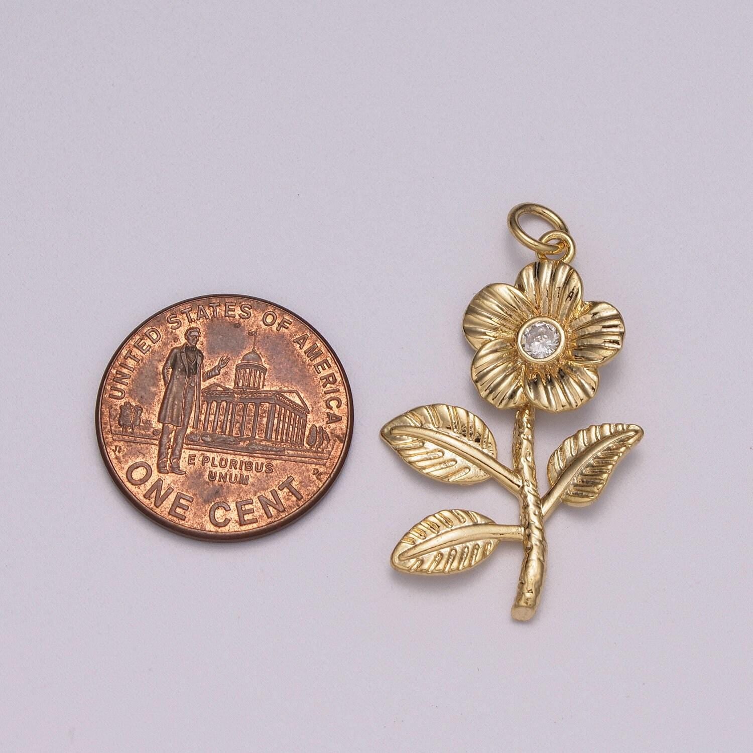 Mini daisy charm gold micro pave flower charm, clear cubic charms, cz leaf floral charm dainty small 3d charm m781