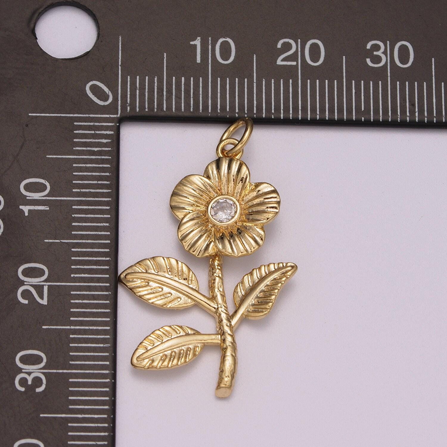 Mini daisy charm gold micro pave flower charm, clear cubic charms, cz leaf floral charm dainty small 3d charm m781