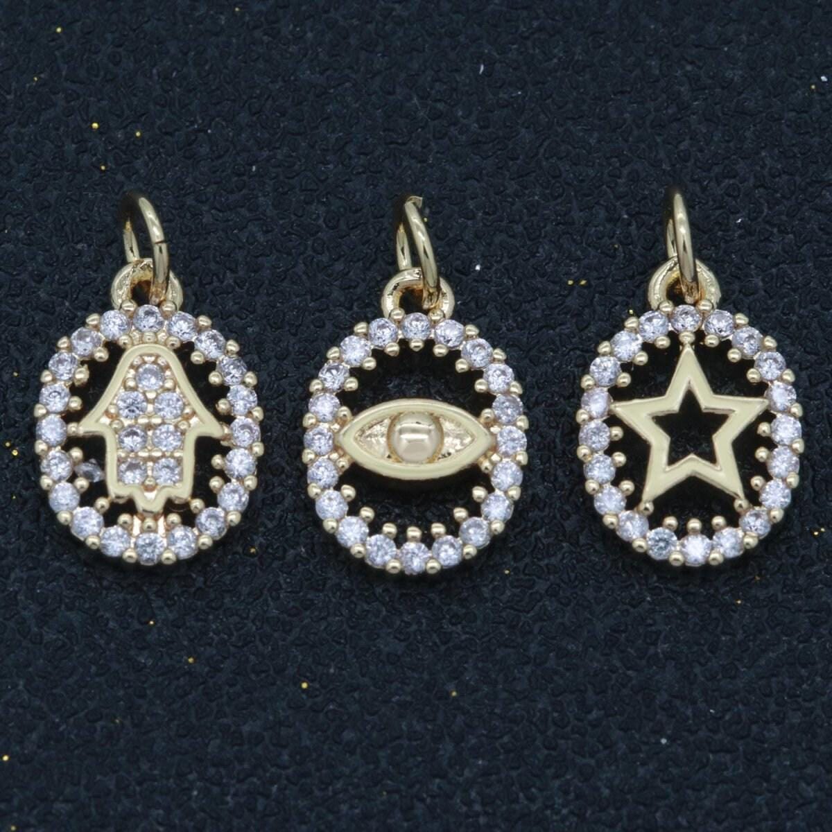 Dainty 18k gold filled hamsa hand evil eye star charm micro pave mini cz pendant for bracelet necklace earring minimalist jewelry m-750