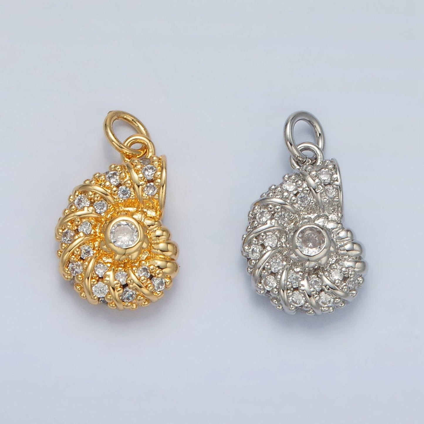 Gold filled ammonite clam shell cz paved in gold & silver beach jewelry inspired snail shell charm | m-747