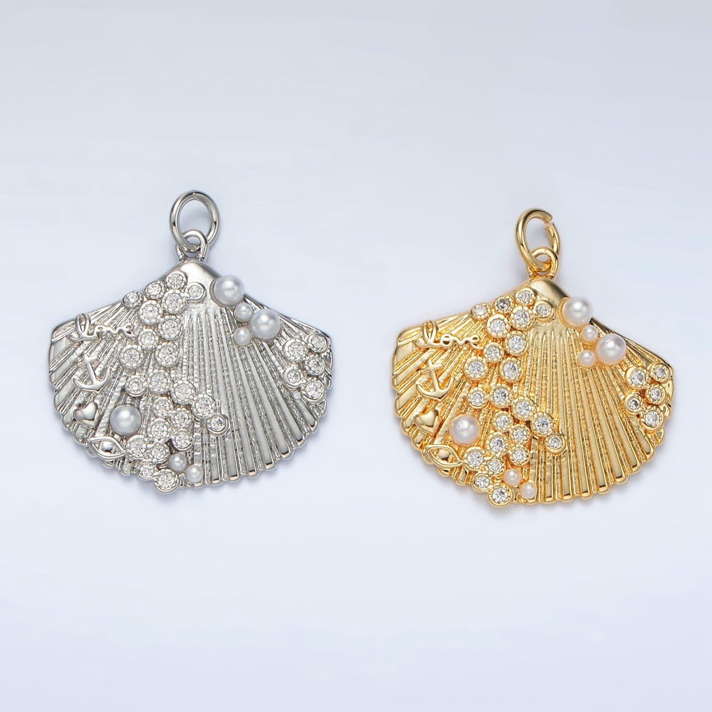 Gold filled flat shell with pearls beach inspired charm in gold & silver | m-746