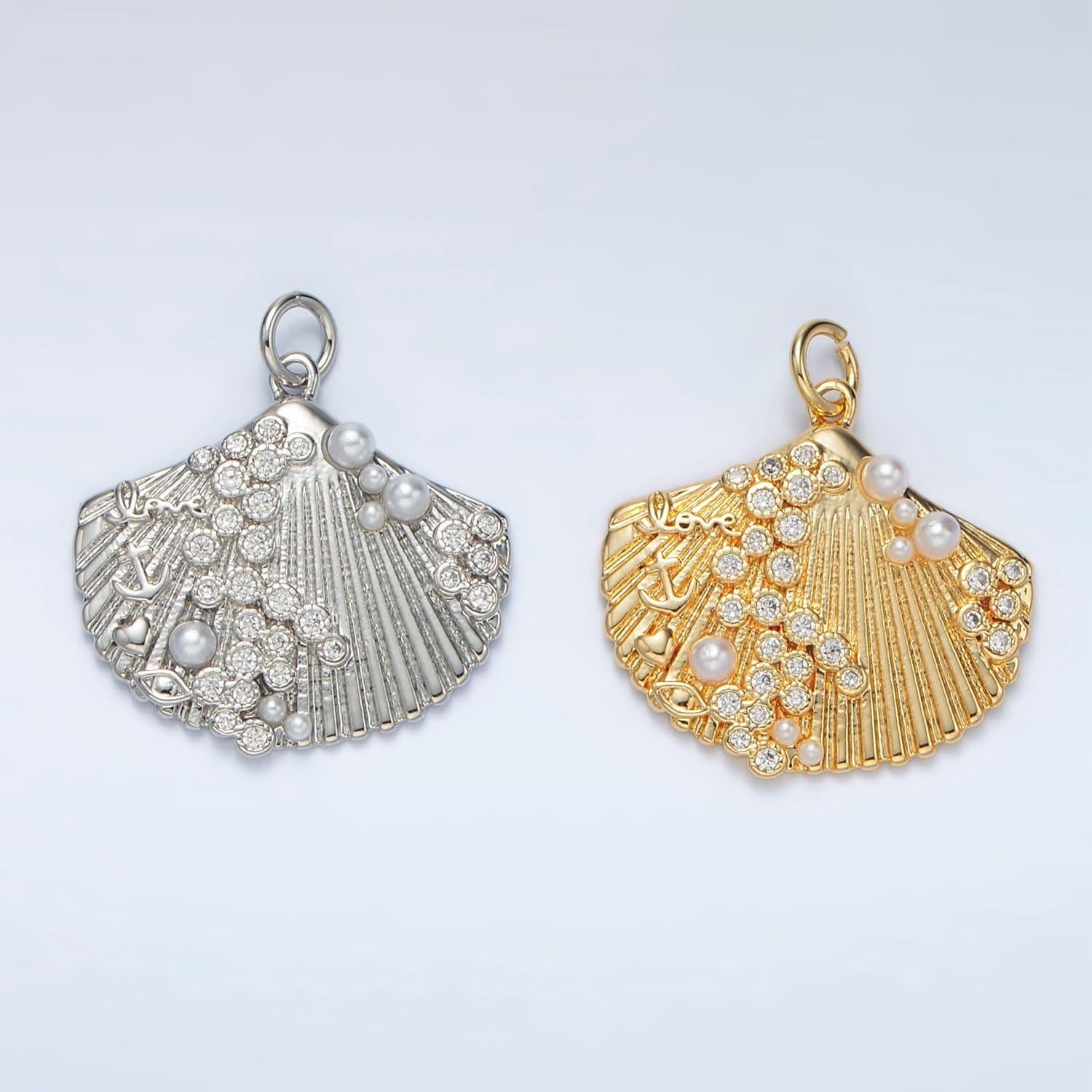Gold filled flat shell with pearls beach inspired charm in gold & silver | m-746