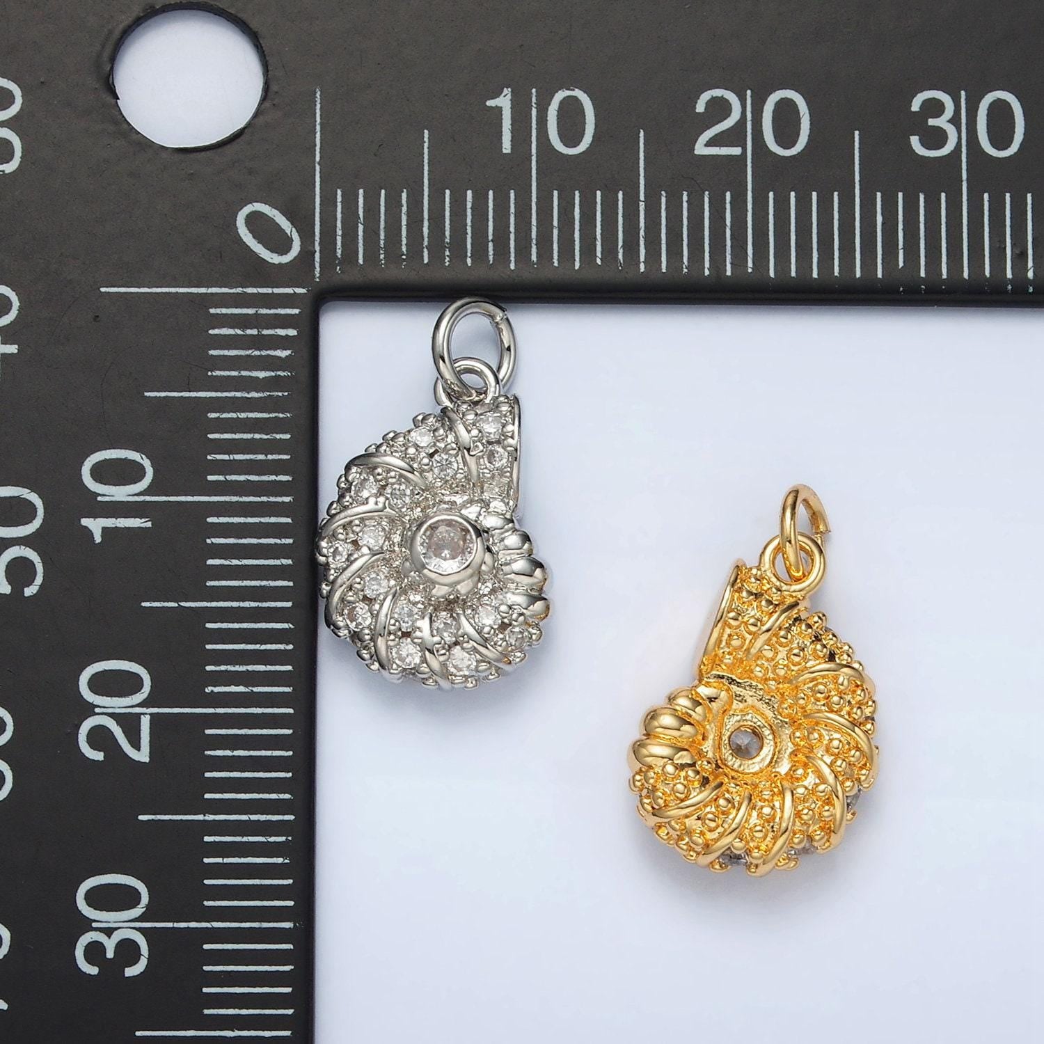 Gold filled ammonite clam shell cz paved in gold & silver beach jewelry inspired snail shell charm | m-747