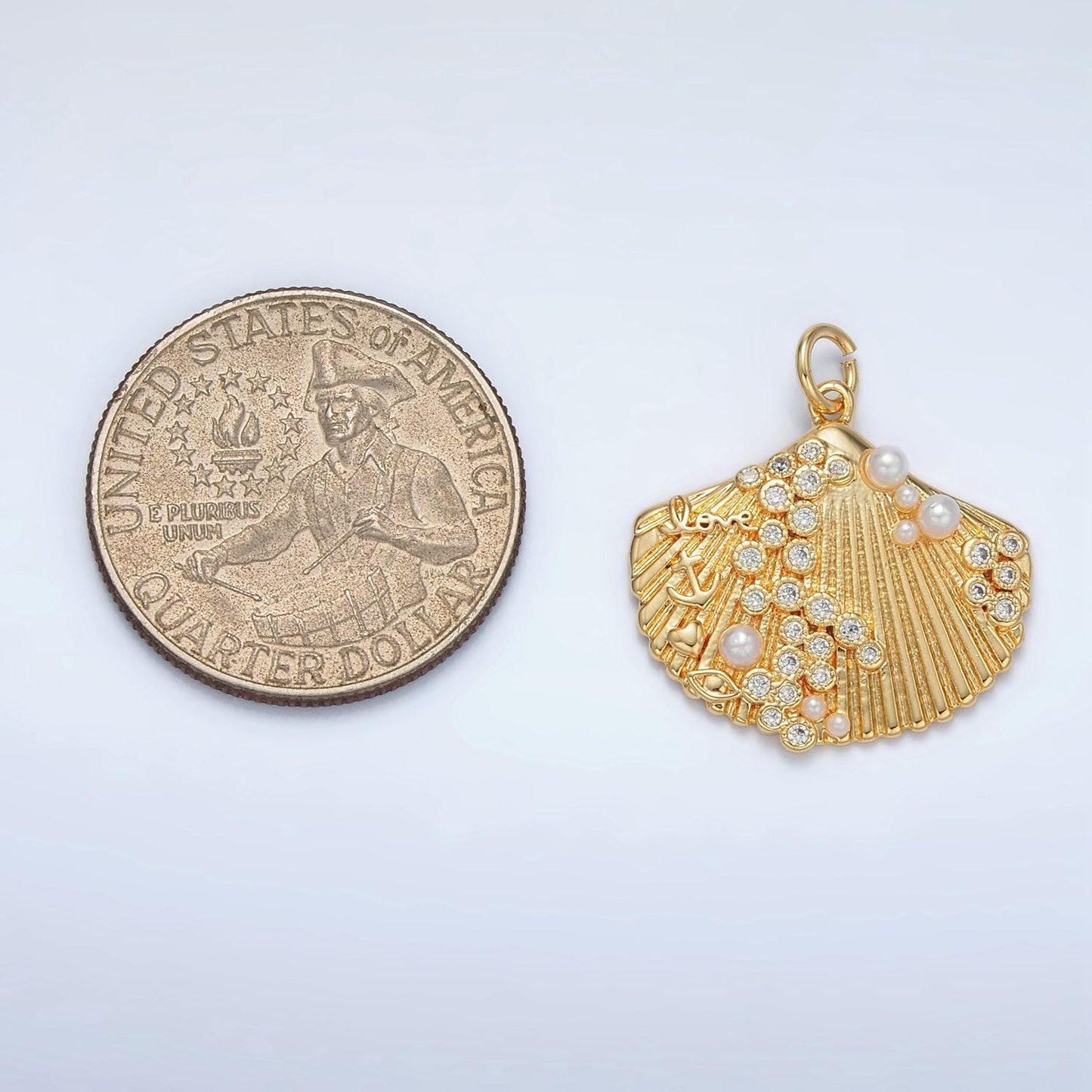Gold filled flat shell with pearls beach inspired charm in gold & silver | m-746