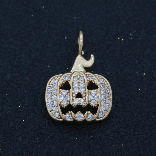 Cubic gold filled jack o lantern pumpkin face cz micro pave charm bracelet necklace earring pendant for halloween jewelry making, m-739