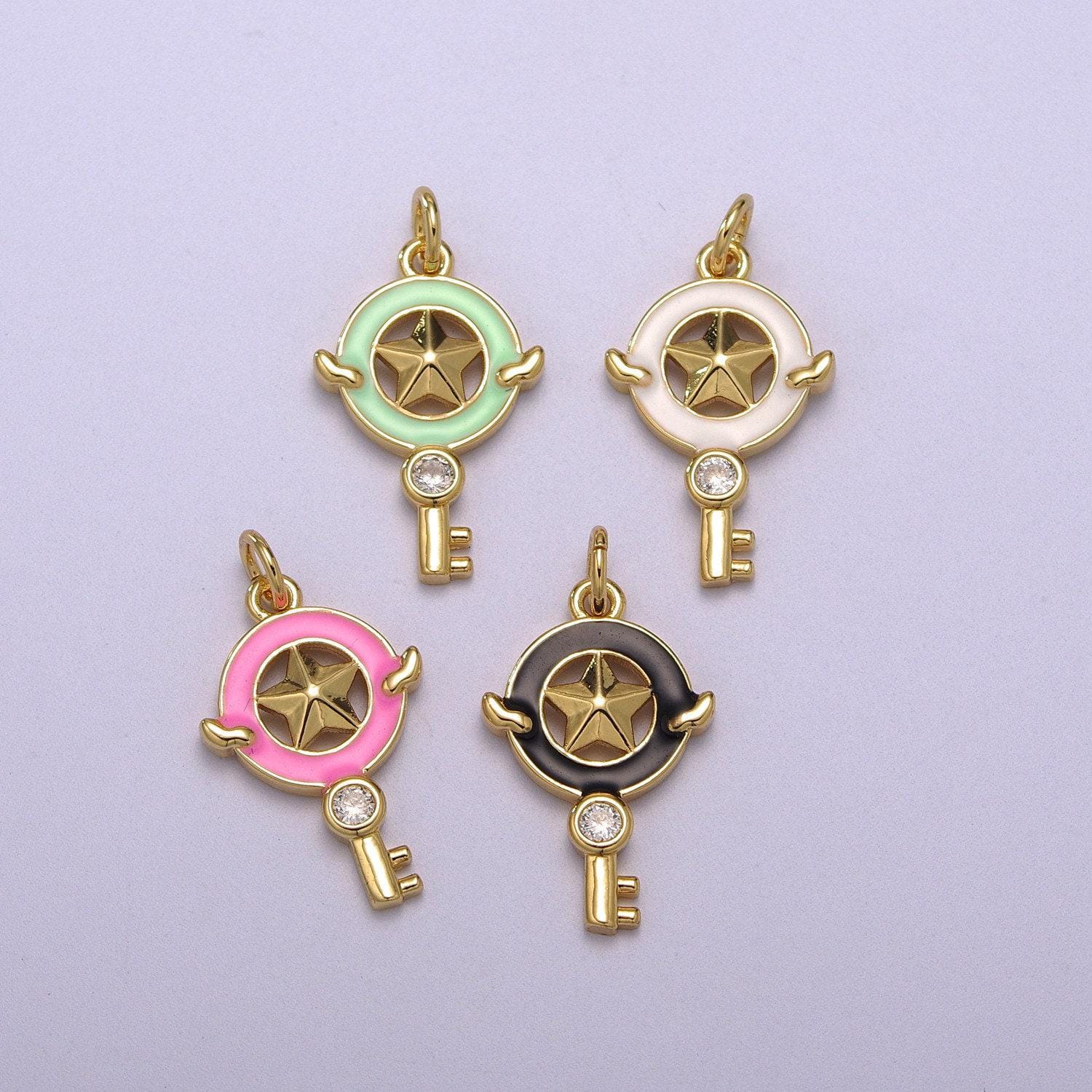 1pc gold key enamel solitaire cz charms, cubic star charm with color enamel to choose charm medallion for necklace,m-686-m689