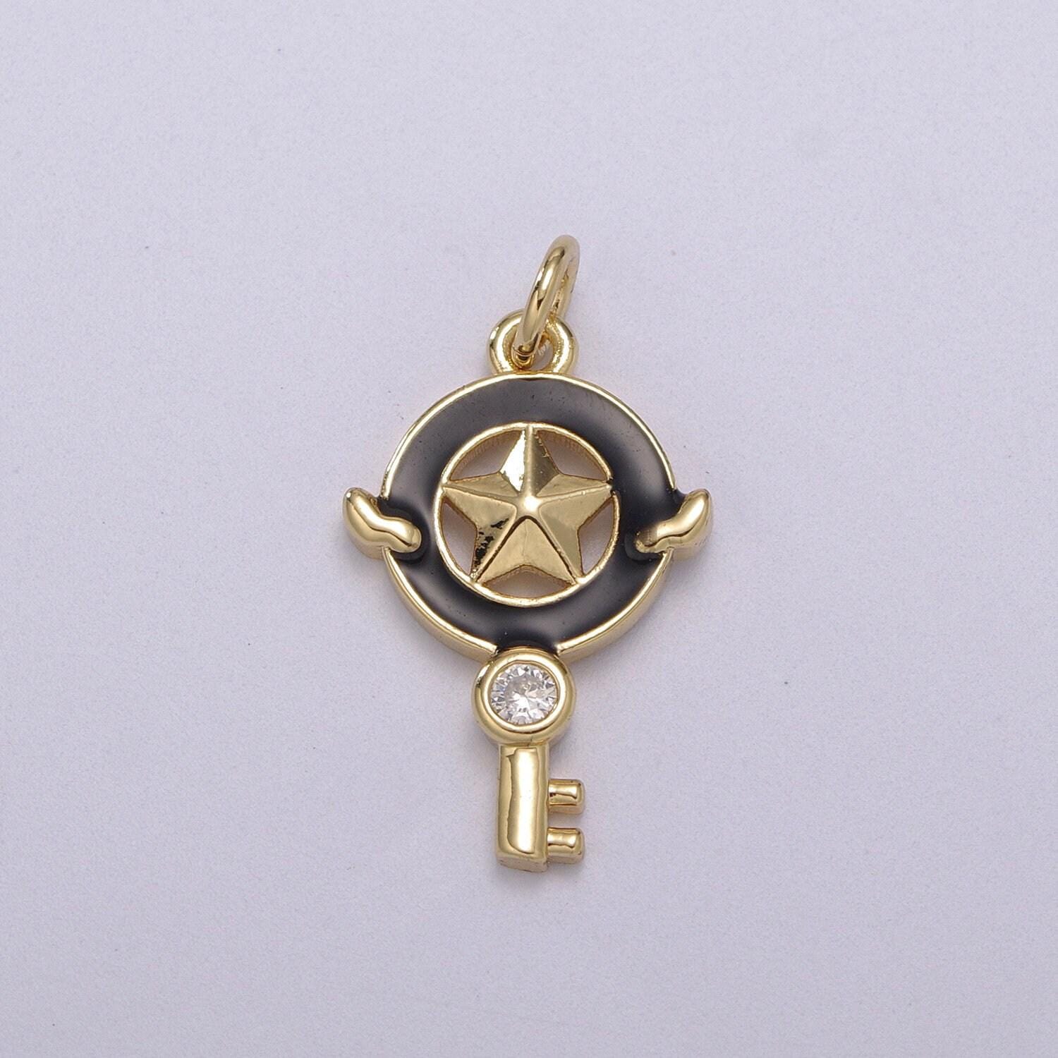 1pc gold key enamel solitaire cz charms, cubic star charm with color enamel to choose charm medallion for necklace,m-686-m689