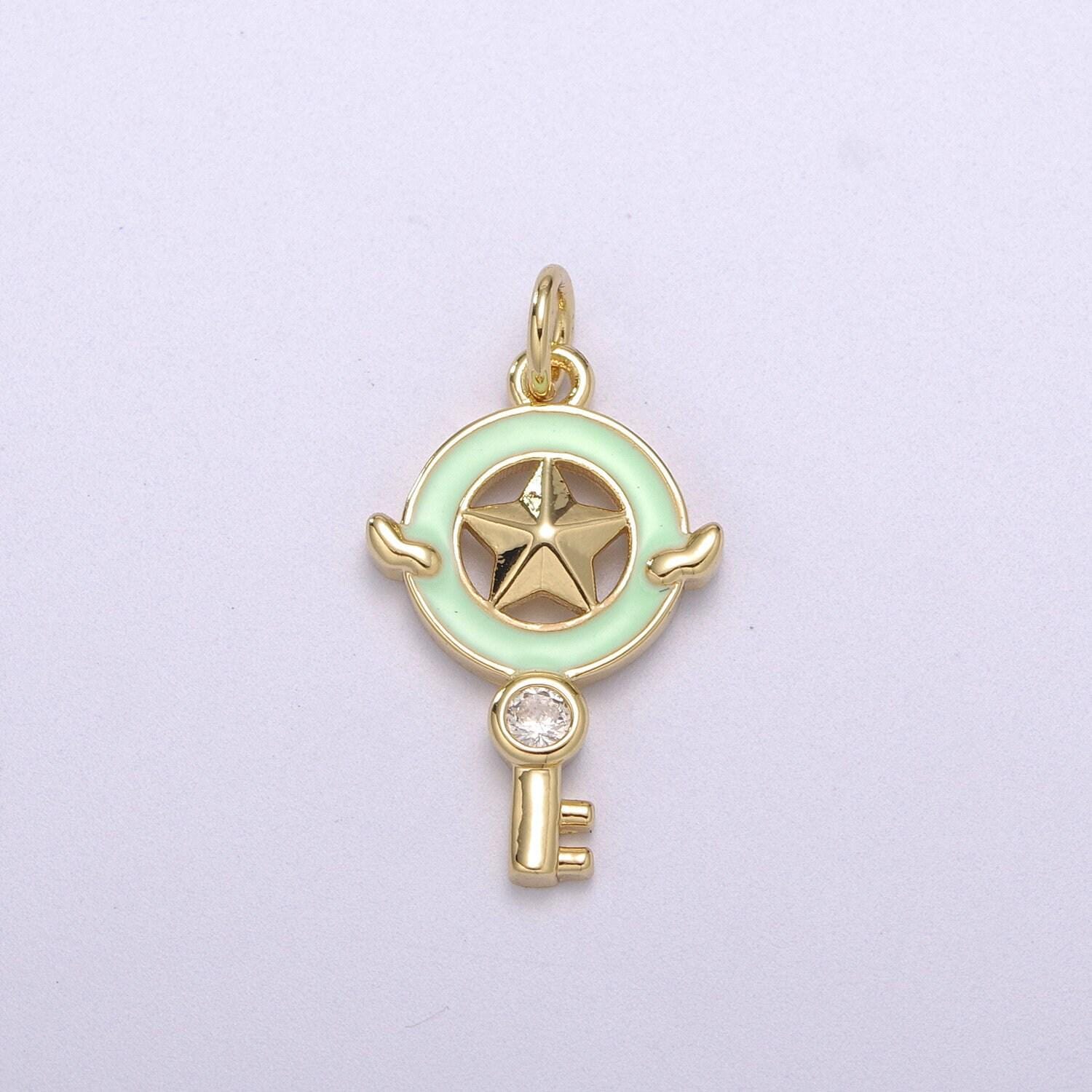 1pc gold key enamel solitaire cz charms, cubic star charm with color enamel to choose charm medallion for necklace,m-686-m689