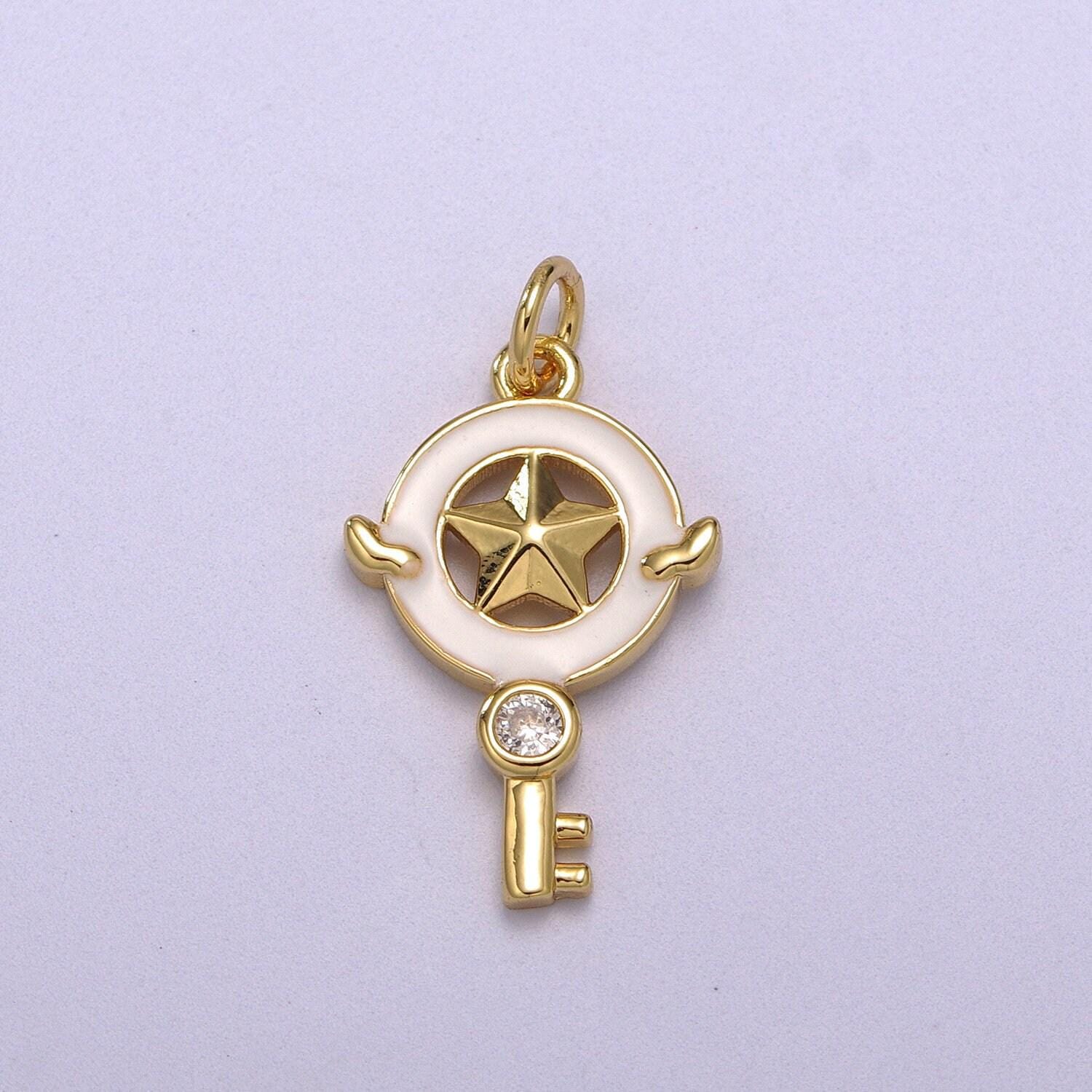 1pc gold key enamel solitaire cz charms, cubic star charm with color enamel to choose charm medallion for necklace,m-686-m689