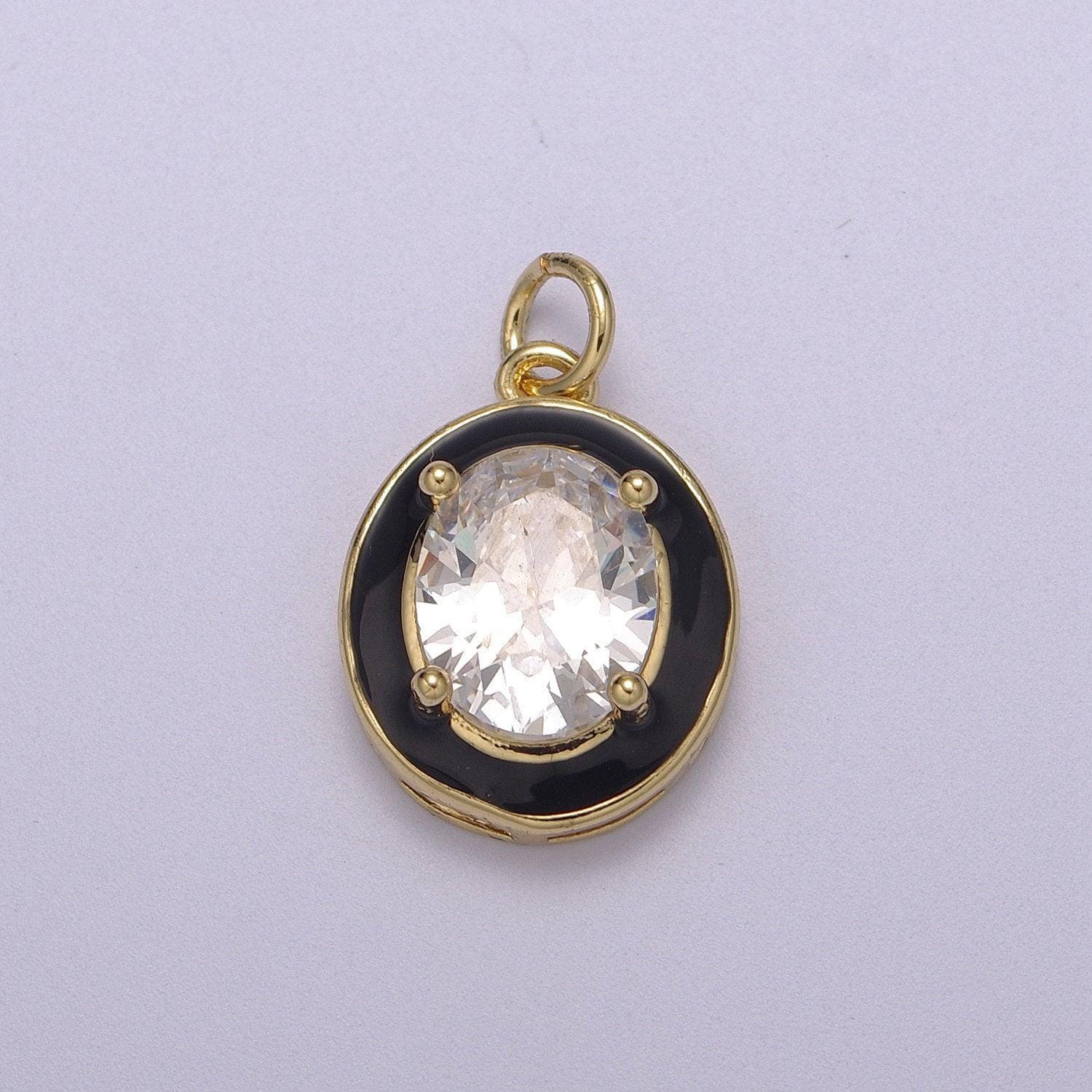 1pc gold oval enamel solitaire cz charms, cubic o charm in round disc charm medallion for necklace,m-658-m661