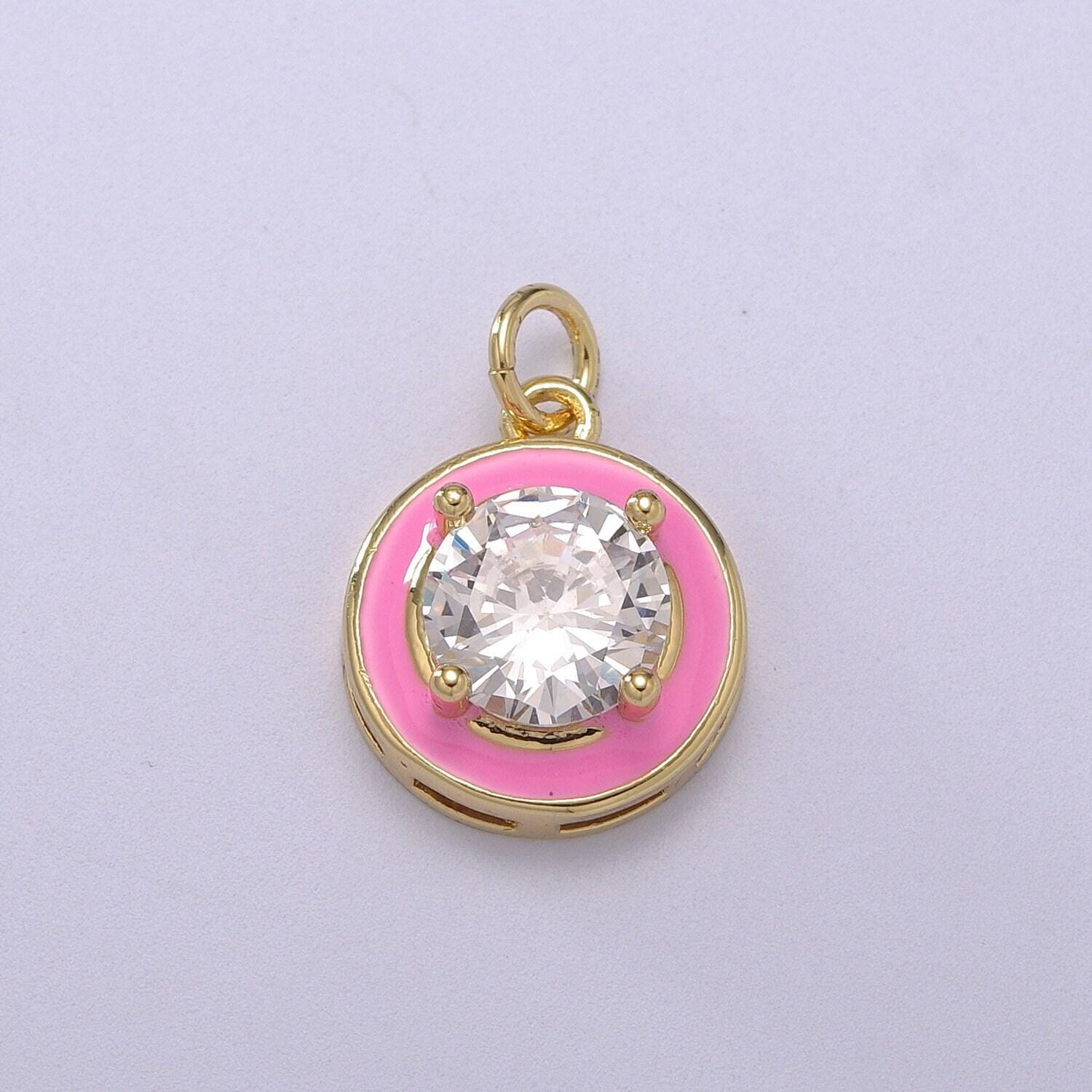 1pc gold round enamel solitaire cz charms, cubic o charm in round disc charm medallion for necklace,m-662-m665