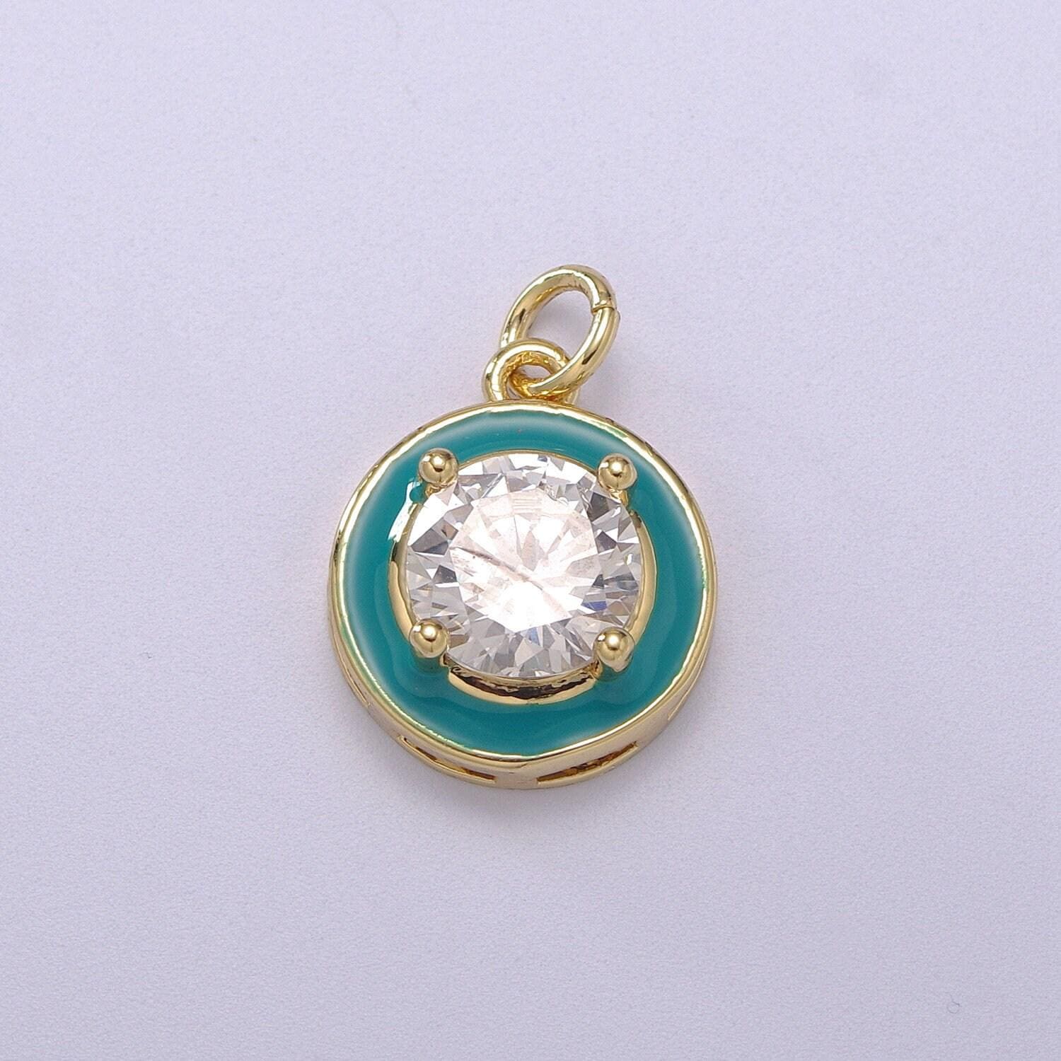 1pc gold round enamel solitaire cz charms, cubic o charm in round disc charm medallion for necklace,m-662-m665
