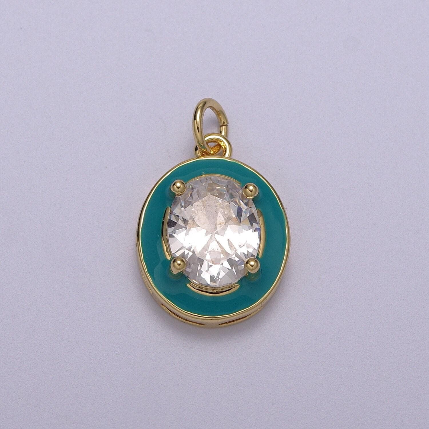 1pc gold oval enamel solitaire cz charms, cubic o charm in round disc charm medallion for necklace,m-658-m661