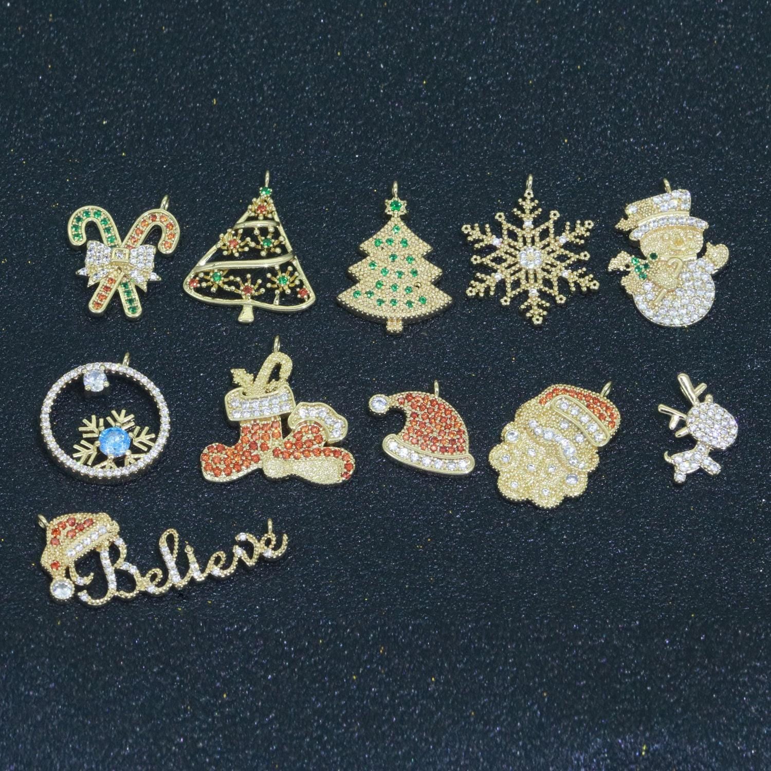 Dainty christmas charms micro pave holiday collection santa, stocking, snow man, reindeer, tree pendant jewelry necklace bracelet earring