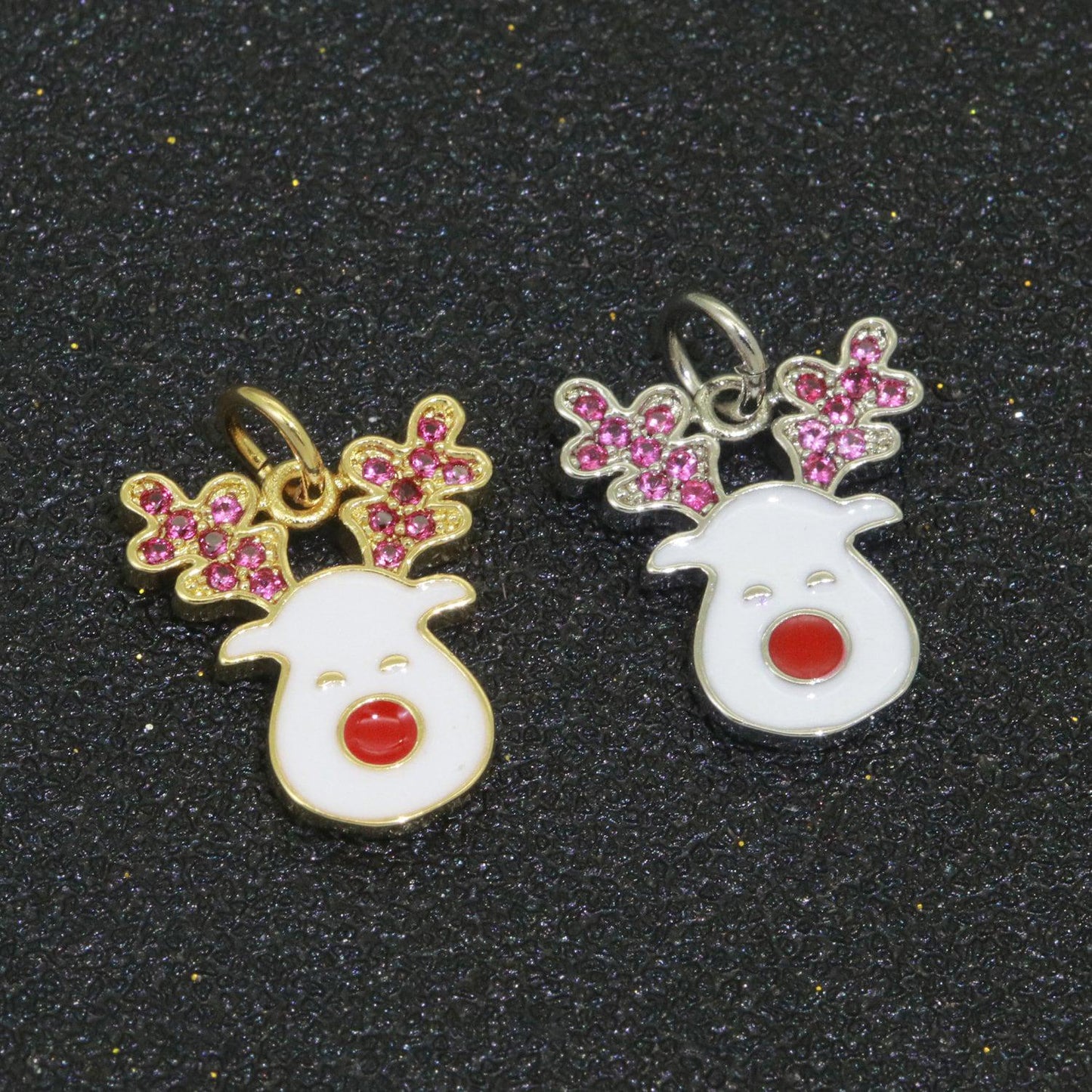 Dainty gold rudolph charm - christmas jewelry pendant - red nose reindeer gold filled enamel charm for bracelet necklace earring component
