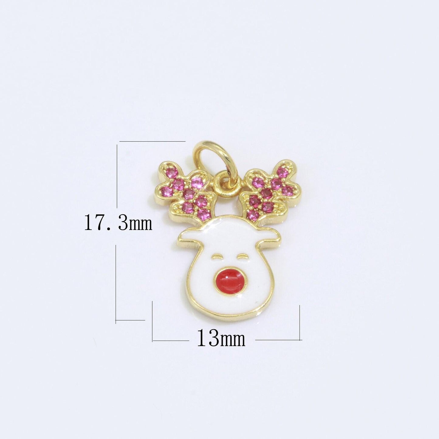 Dainty gold rudolph charm - christmas jewelry pendant - red nose reindeer gold filled enamel charm for bracelet necklace earring component