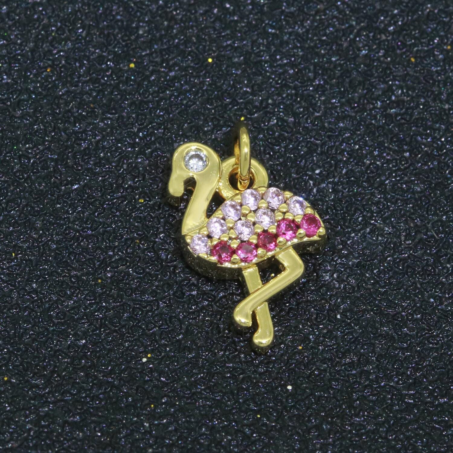 Micro pave gold flamingo charm 14k gold filled bird pendant silver gold jewelry for necklace earring bracelet